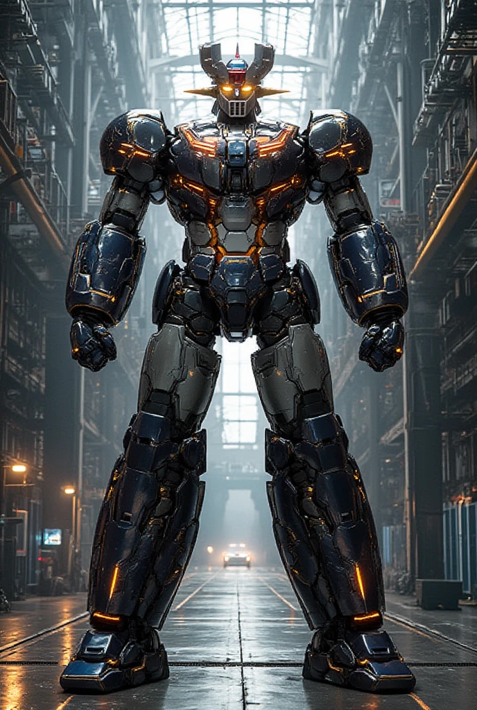   A very realistic smart version of Mazinger Z with the latest design and full body refinement, It stands at a massive height of 98 meters .  constructed with modern materials such as steel ,  Carbon Fiber ,  other industrial elements are also visible ,  just like the real thing , Rugged exterior .  and is set in a large indoor plant facility maintenance shop ,  the appearance of Mazinger Z standing around ,  illuminated by natural light 、Realistic shadows and accentuated massive structures using Gundam technology . The floor emits fine LED light 