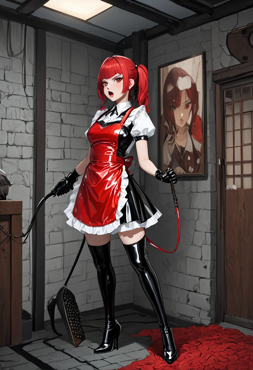  highest image quality, masterpiece fails,  Portrait painting , Japanese,25+,  model-looking whip in his hands, girl of incredible beauty, very angry,(( full height)), (( hairstyle two ponytails ,  red hair)), straight brow bangs ,((( red lace latex Apron))) ,(latex maid outfit ),covers the whole body,fits snugly , long-sleeved latex shirt , latex long skirt ,latex garter socks , long high-heeled boots fit my legs tightly,(Gothic makeup ),dungeon,((Whip))