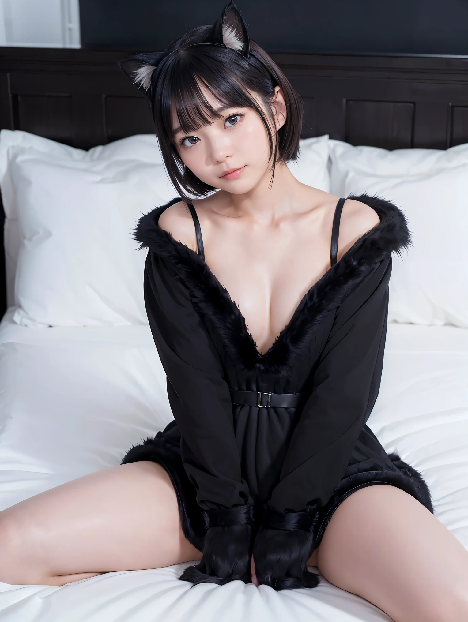 8k、 High Quality 、 super detailed 、 short hair with bangs 、( cute、 beautiful、 beautiful:1.3),(bedroom:1.3)、slouch、((( black costume、fur dress、Cat ears:1.4)))、( 24 year old cute )、((( sit on the bed、seiza、 open legs)))、 straight to the floor 、 beautiful寝顔、 beautiful足、 knight 、Gentle lighting、A face that feels beautiful、((1people々々々々々))、(( cute sexy pose))、 Photo realistic 、緻密で beautiful目、 hyperrealism 、 High Contrast 、 Max image 、 top quality、Small details、Very politely, beautiful女性, I have a high resolution face 、 my body is covered with cat hair , realistic , beautiful女性, I have a high resolution face 、 my body is covered with cat hair ,20 years old, detailed facial features