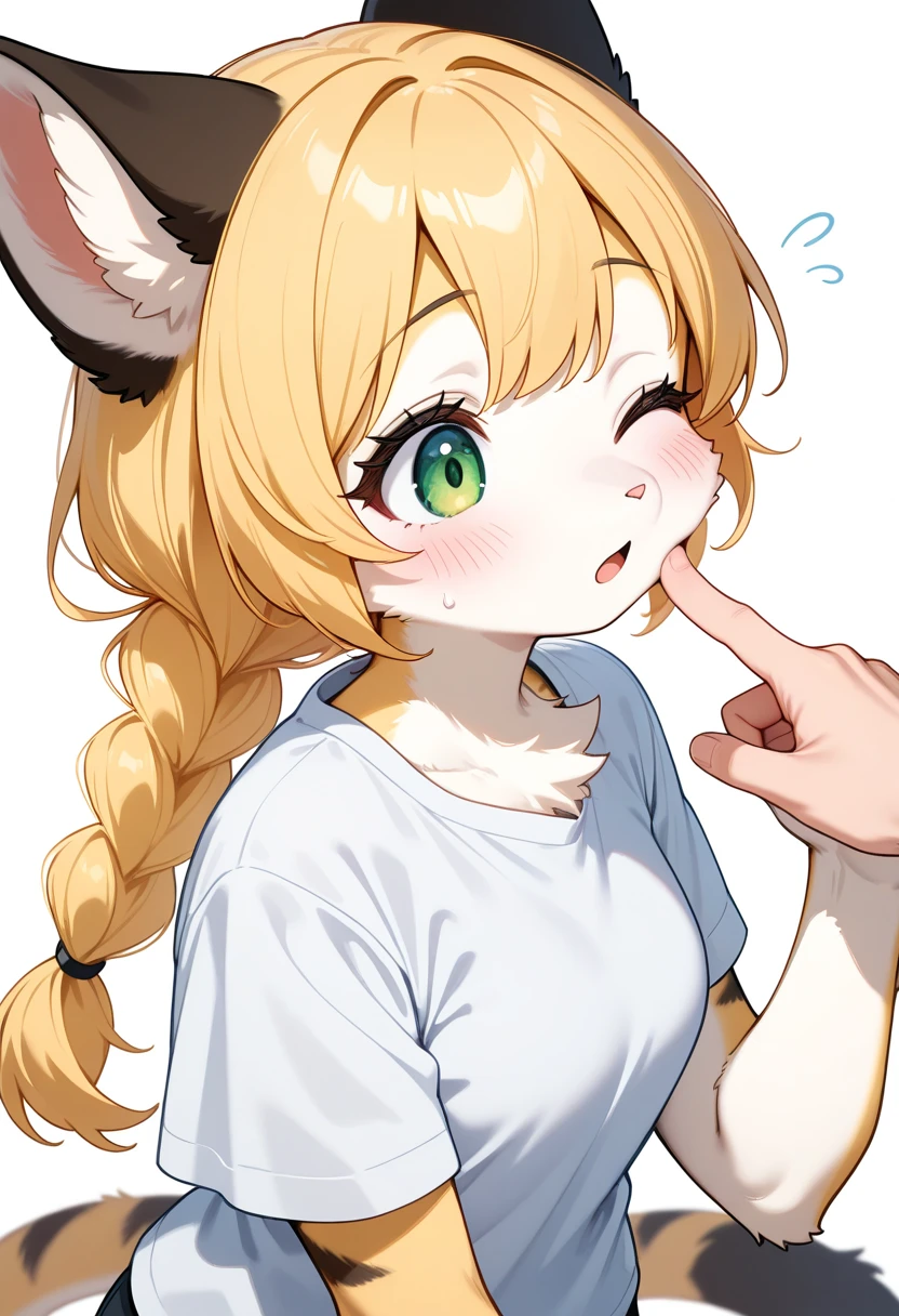 1girl, (furry, kemono:1.5), cat girl, animal nose, catears, cat tail, 1other, blonde hair, green eyes, one eye closed, cheek poking, long hair, blush, open mouth, eyelashes, braid, ponytail, shirt, flying sweatdrops, short sleeves, poking, white background, simple background, upper body, solo focus, white shirt, hand up