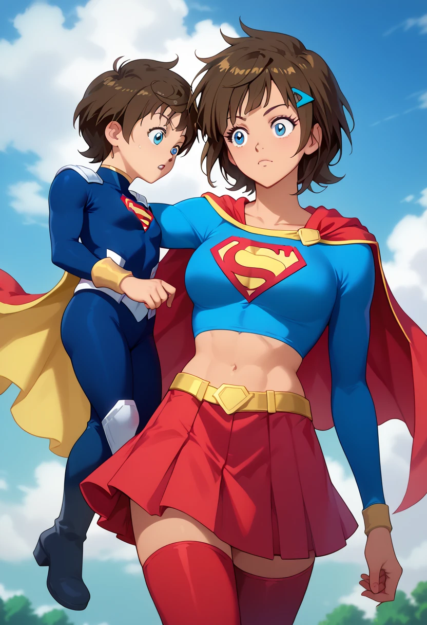 Ren Kazamatsuri, known for his quiet intensity and determination, takes on a bold new look in the classic Supergirl costume. The vibrant blue top, emblazoned with the iconic red and yellow 'S' emblem, contrasts sharply with his composed and reserved demeanor. A flowing red cape billows behind him, adding a sense of movement and heroism to his usually calm presence. The red skirt is replaced with sleek red pants to suit his style, and matching knee-high boots complete the look, enhancing his tall and athletic figure. Ren’s expression, usually one of focus and quiet strength, now carries the weight of responsibility that comes with the Supergirl persona. His transformation highlights his inner courage and readiness to protect others, blending his strategic mind with the empowering qualities of a superhero. In this new role, Ren becomes a symbol of quiet resilience, balancing his intellect and strength as he embraces the heroic mantle of Supergirl. short hair, blue eyes, brown hair, hair ornament, dark skinned, hairclip,