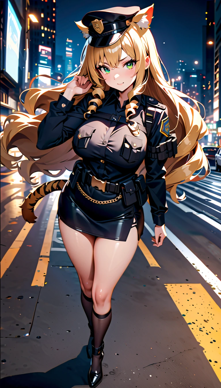 high quality, 8k, 4k, high contrast, masterpiece:1.2, best quality, best aesthetics), Sexy female police officer, Detailed face and body, (green eyes, animal ears, tiger tail), Beautiful breasts, confident look, (blonde hair, long hair, drill hair), Shiny black uniform, Black headwear, Black tight skirt, Tactical belt with equipment, Glossy Badges and Name Tags, Standing, Flashing police car lights against cityscape background, Lights of the night city, Full body view