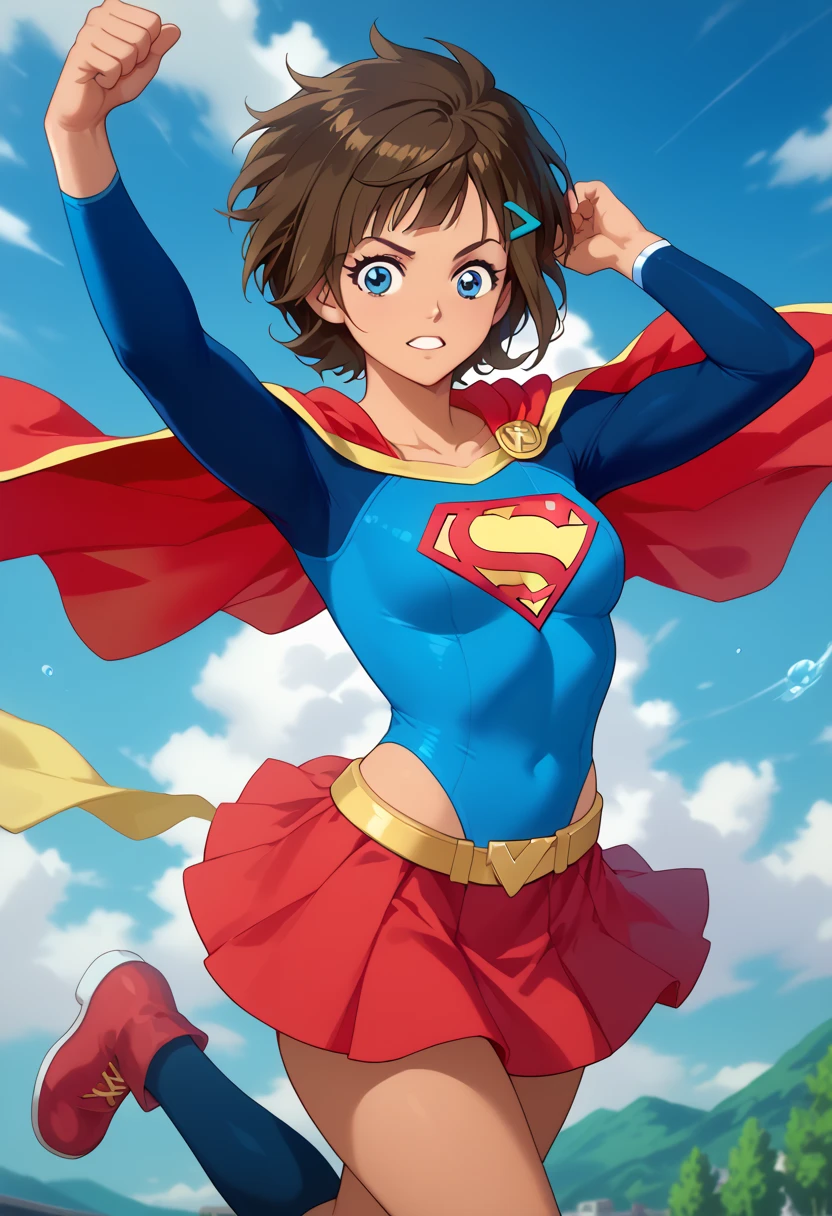 Ren Kazamatsuri, known for his quiet intensity and determination, takes on a bold new look in the classic Supergirl costume. The vibrant blue top, emblazoned with the iconic red and yellow 'S' emblem, contrasts sharply with his composed and reserved demeanor. A flowing red cape billows behind him, adding a sense of movement and heroism to his usually calm presence. The red skirt is replaced with sleek red pants to suit his style, and matching knee-high red boots complete the look, enhancing his tall and athletic figure. Ren’s expression, usually one of focus and quiet strength, now carries the weight of responsibility that comes with the Supergirl persona. His transformation highlights his inner courage and readiness to protect others, blending his strategic mind with the empowering qualities of a superhero. In this new role, Ren becomes a symbol of quiet resilience, balancing his intellect and strength as he embraces the heroic mantle of Supergirl. short hair, blue eyes, brown hair, hair ornament, dark skinned, hairclip,