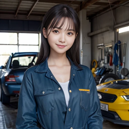 You are a professional photographer。masterpiece、８K、Highest quality, Soft Light, Ultra-high resolution, (Realistic:1.4), RAW Photos,24 years old Japanese girl, alone, cute, Cool women、(pupil, Light in your eyes),  Beautiful face in every detail, (Small box),(High resolution detail of human skin texture),Cleavage Auto Repair Shop、mechanic、Work Style、Wearing a jumpsuit、Wear long-sleeved work clothes、Roll up your sleeves、Car maintenance
、(Portraiture)