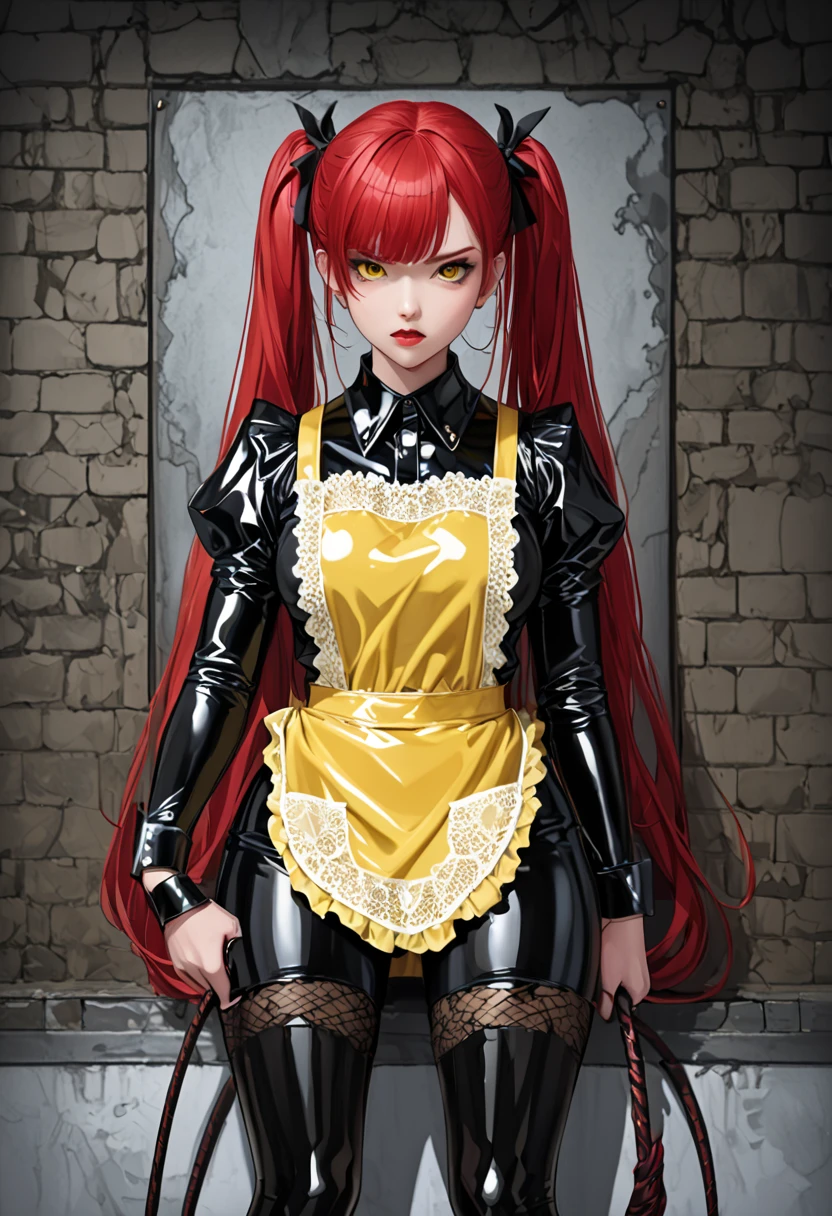  highest image quality, masterpiece fails,  Portrait painting , Japanese,25+,  model-looking whip in his hands, girl of incredible beauty, evil,(( full height)), (( hairstyle two ponytails ,  red hair)), straight brow bangs ,(((yellow lace latex apron))) ,(latex maid outfit ),covers the whole body,fits snugly , long-sleeved latex shirt , latex long skirt ,latex garter socks , long high-heeled boots fit my legs tightly,(Gothic makeup ),dungeon,((Whip))