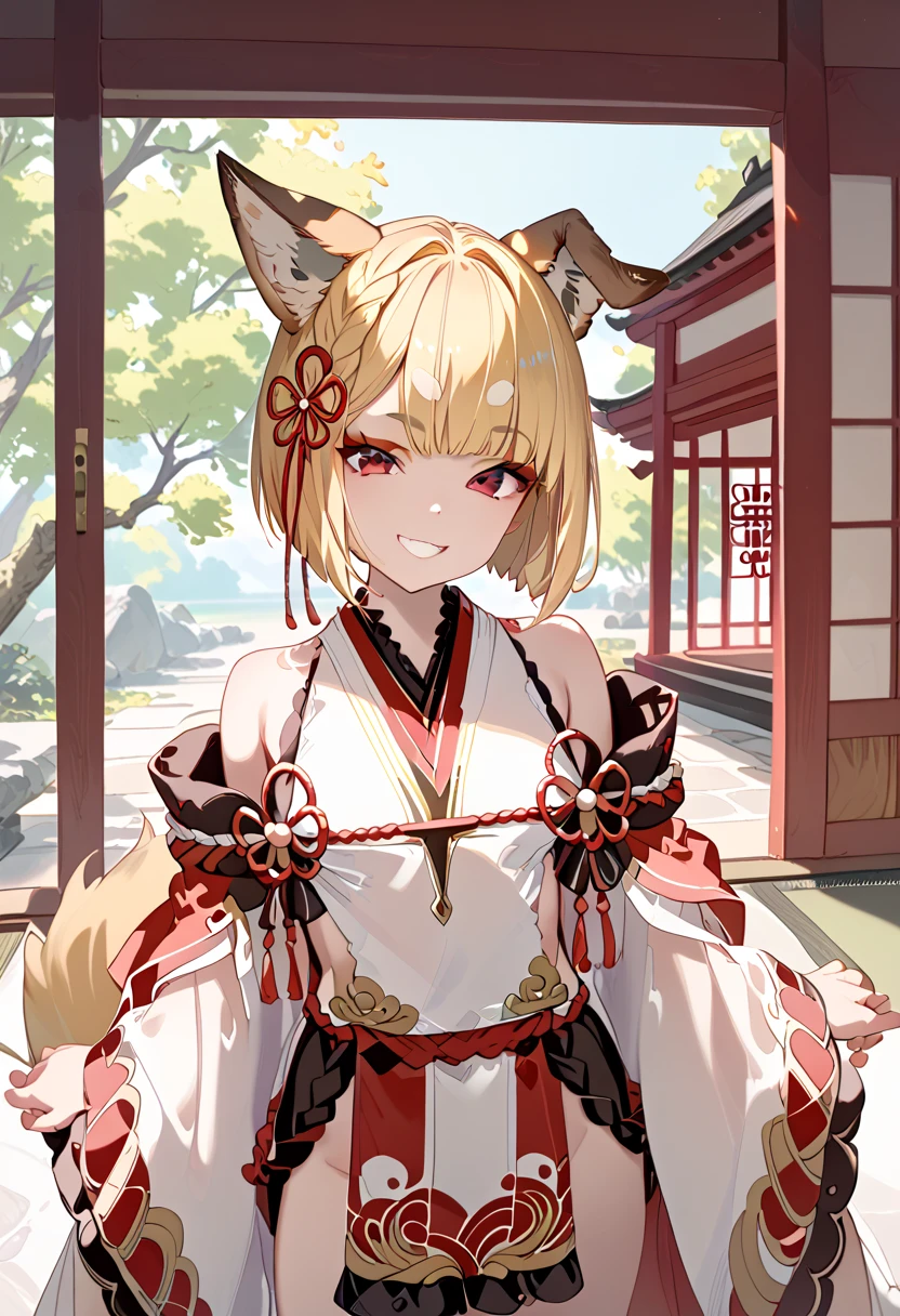  best quality images 、Extremely small bust 、 very young girl 、 slender body、 Bright Yellow Hair 、 short bob 、 Fox Ears and Tail、 red eyes、 is standing、Shrine Maiden Costume、Red eyeshadow  、Cute single tusk、smile、whole body、 slender body、Slender legs、shrine、 Light Shines In 