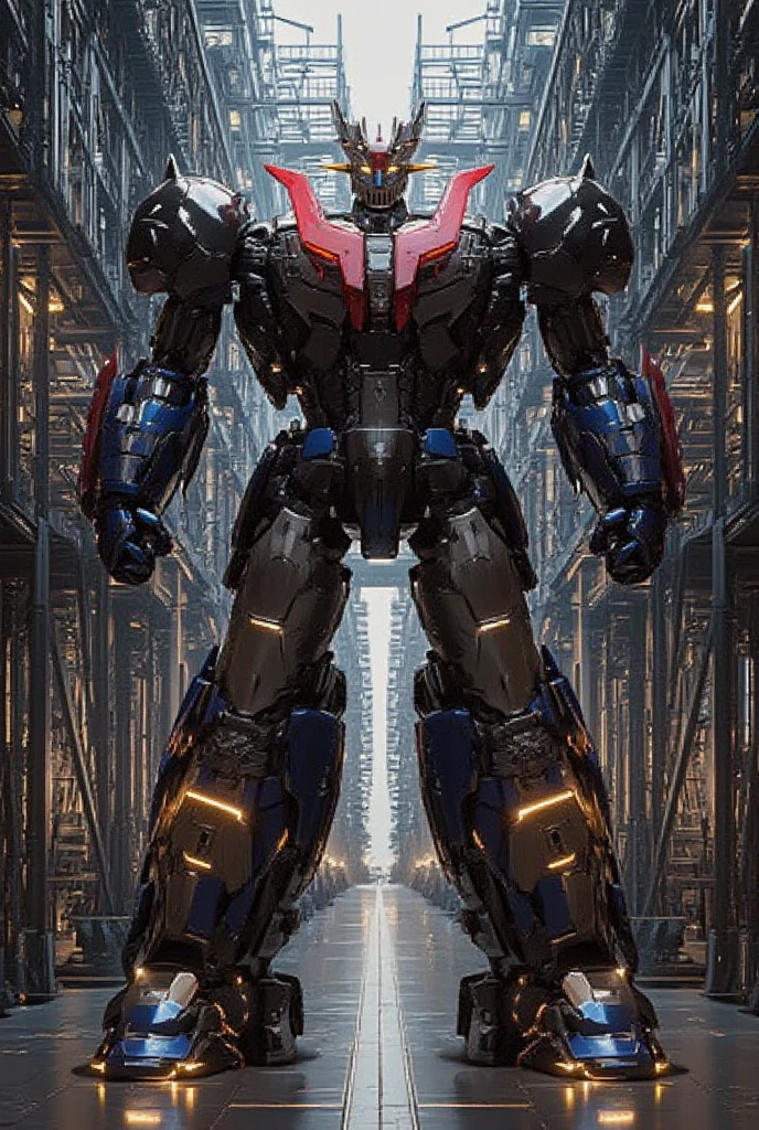   A very realistic smart version of Mazinger Z with the latest design and full body refinement, It stands at a massive height of 98 meters .  constructed with modern materials such as steel ,  Carbon Fiber ,  other industrial elements are also visible ,  just like the real thing , Rugged exterior .  and is set in a large indoor plant facility maintenance shop ,  the appearance of Mazinger Z standing around ,  illuminated by natural light 、Realistic shadows and accentuated massive structures using Gundam technology . The floor emits fine LED light 