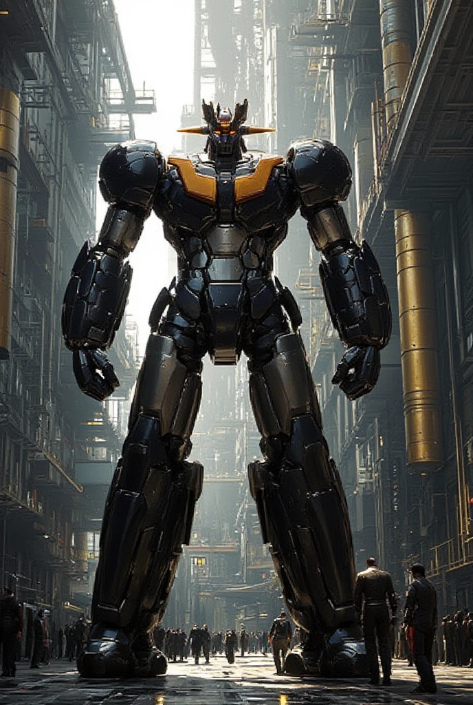   A very realistic smart version of Mazinger Z with the latest design and full body refinement, It stands at a massive height of 98 meters .  constructed with modern materials such as steel ,  Carbon Fiber ,  other industrial elements are also visible ,  just like the real thing , Rugged exterior .  and is set in a large indoor plant facility maintenance shop ,  the appearance of Mazinger Z standing around ,  illuminated by natural light 、Realistic shadows and accentuated massive structures using Gundam technology . The floor emits fine LED light 