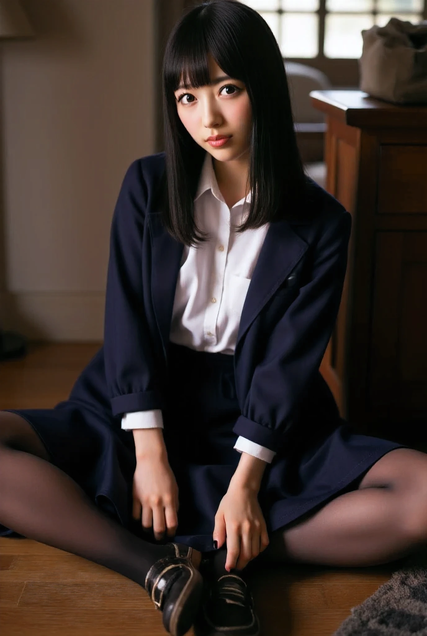A woman in a high school uniform sits with her legs spread and lifts her skirt , wearing Pantyhose and Lofer, It's live-action,