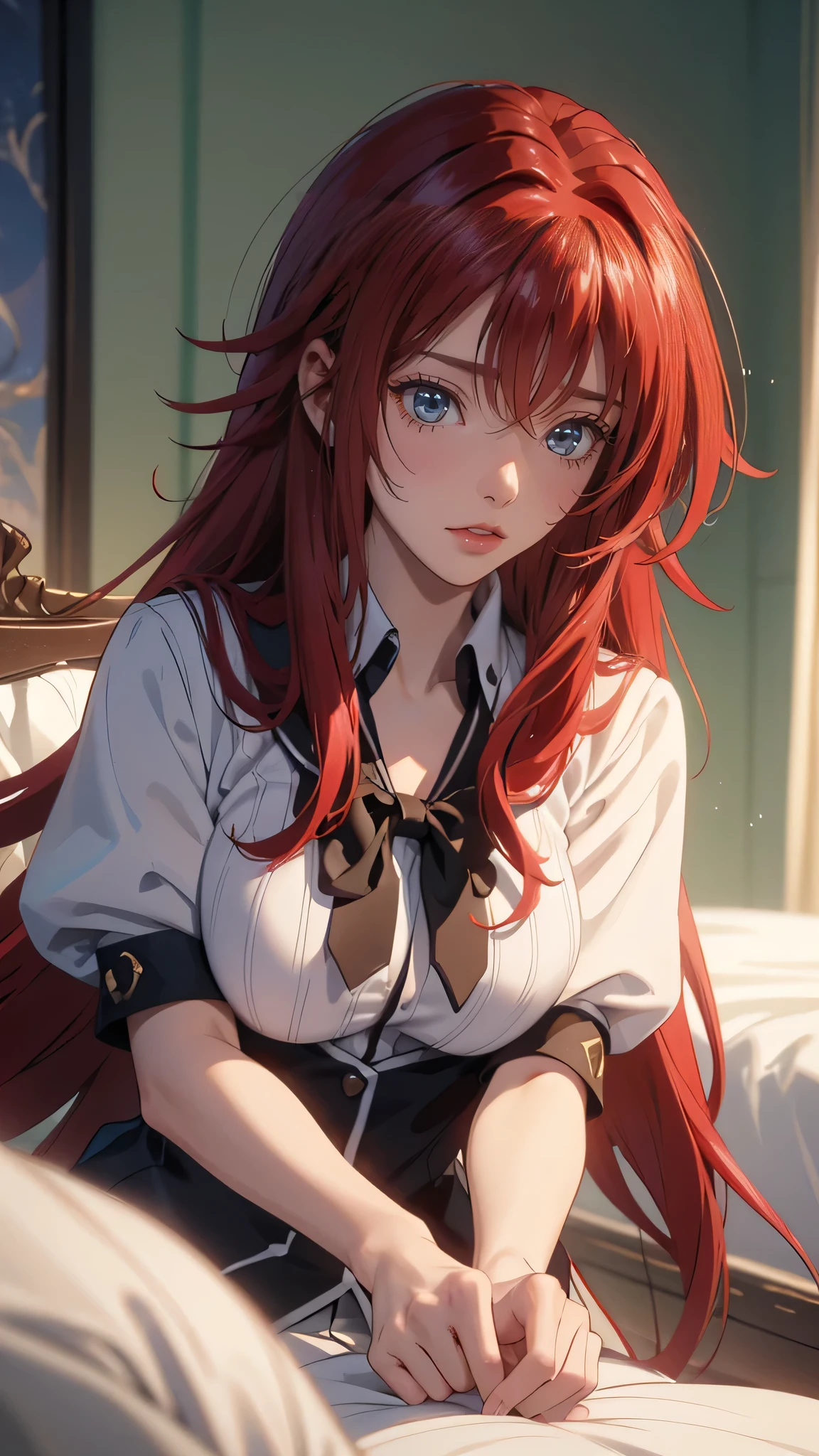 embarrassing, (random porn pose),(Highest image quality,(8k),ultra-realistic,best quality, high quality, Red hair, long hair, high definition, Medium breast, Embarassed Face, high quality texture,high detail,beautiful detailed,fine detailed,extremely detailed cg,detailed texture,(((Wearing Highscool DXD school uniform))), Looking at Viewers, Lay down and sleep on bed