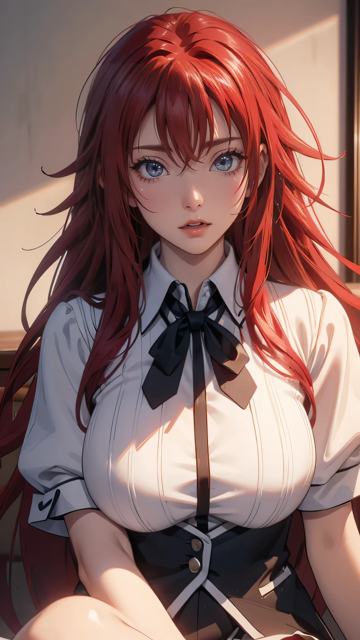 embarrassing, (random porn pose),(Highest image quality,(8k),ultra-realistic,best quality, high quality, Red hair, long hair, high definition, Medium breast, Embarassed Face, high quality texture,high detail,beautiful detailed,fine detailed,extremely detailed cg,detailed texture,(((Wearing Highscool DXD school uniform))), Looking at Viewers, Lay down and sleep on bed