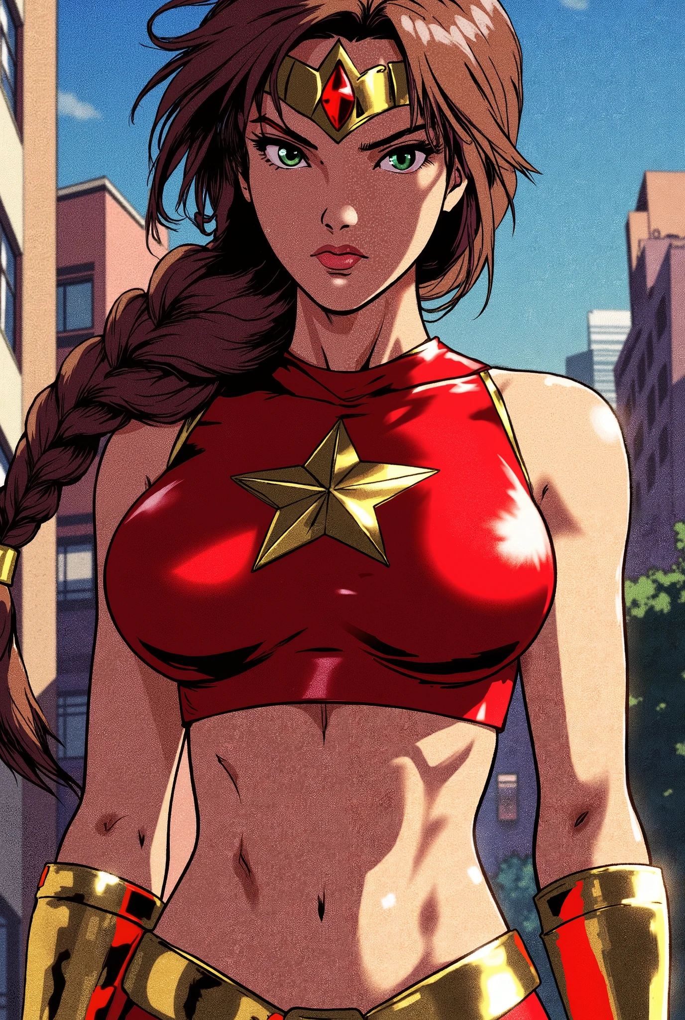 (Best Quality,4k,8k,comic style,,superhero,sexy ,( beautiful female superheroine ,brown hair, green eyes, braided ponytail , red sleeveless cropped shirt, with a gold star, the abdomen uses (a golden tiara with a red gem on her forehead) , Gold bracelets, long red boots, and little red shorts) (star venus) (tiara) (green eyes) HD (seductive look)