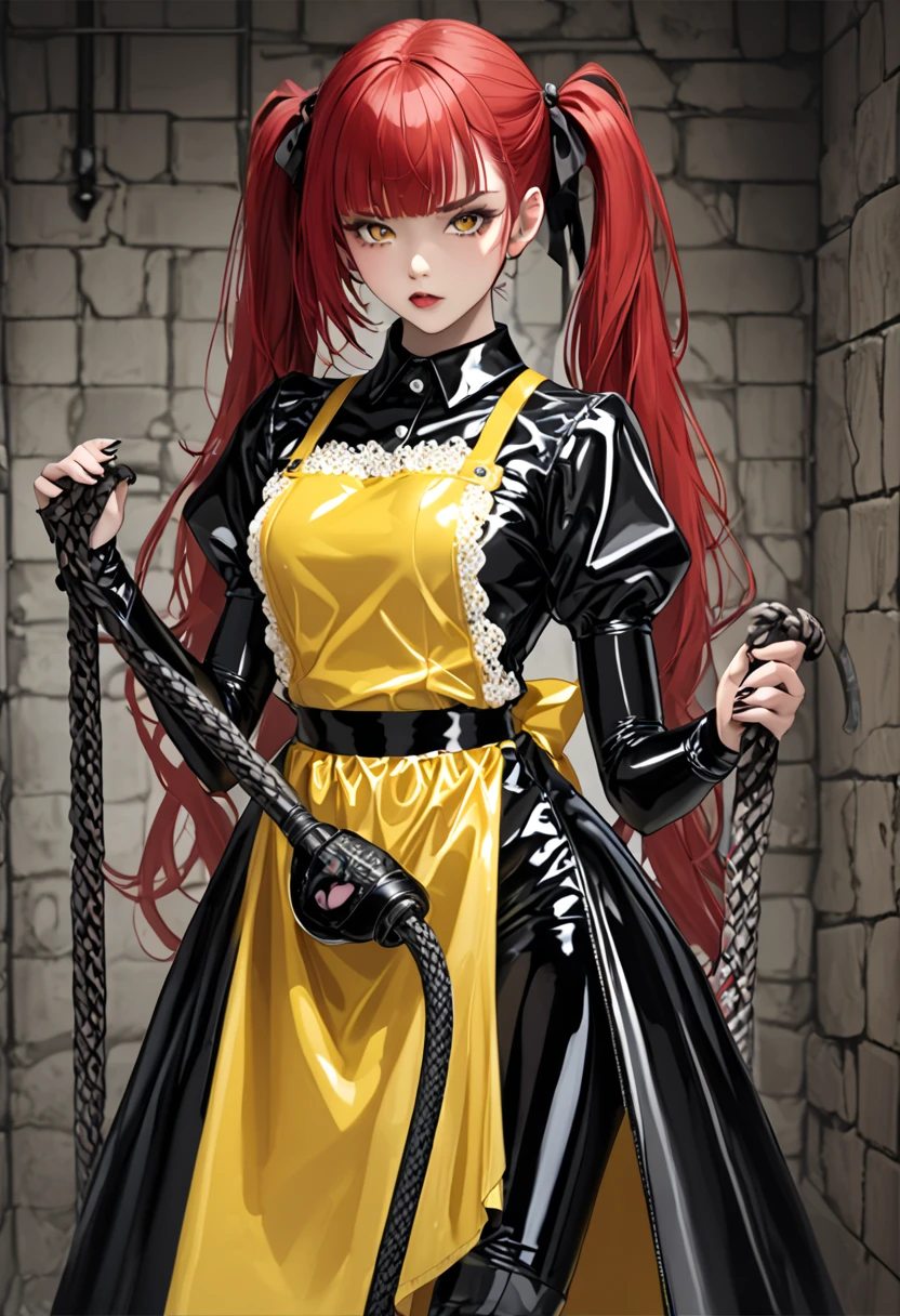  highest image quality, masterpiece fails,  Portrait painting , Japanese,25+,  model-looking whip in his hands, girl of incredible beauty, evil,(( full height)), (( hairstyle two ponytails ,  red hair)), straight brow bangs ,(((yellow lace latex apron))) ,(latex maid outfit ),covers the whole body,fits snugly , long-sleeved latex shirt , latex long skirt ,latex garter socks , long high-heeled boots fit my legs tightly,(Gothic makeup ),dungeon,((Whip))