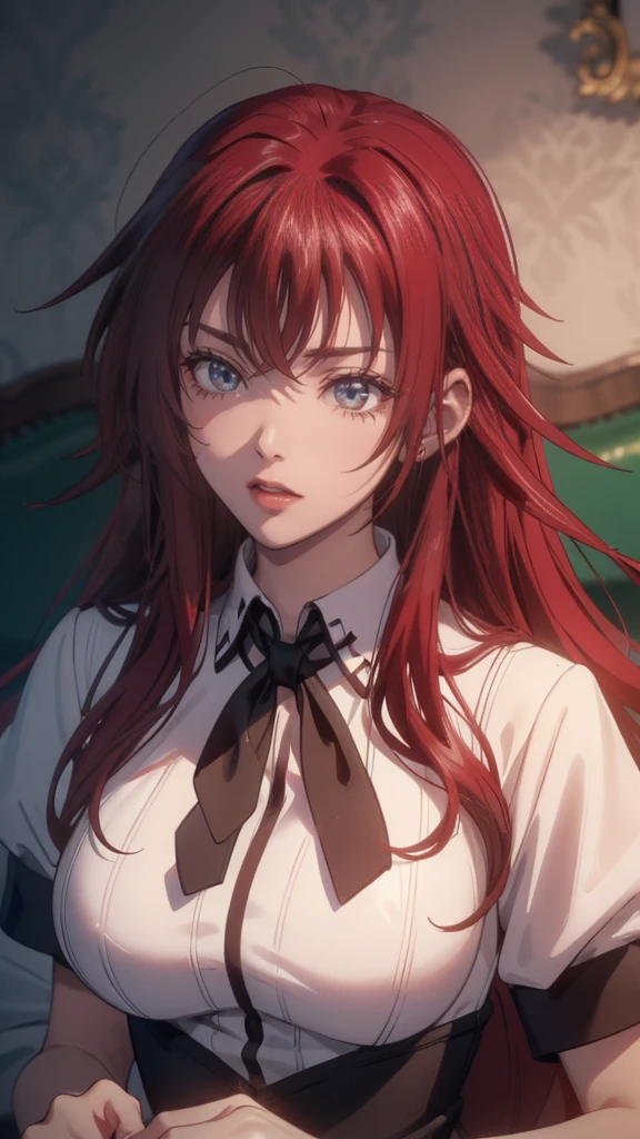 embarrassing, (random porn pose),(Highest image quality,(8k),ultra-realistic,best quality, high quality, red hair, long hair, high definition, Small breast, Embarassed Face, high quality texture,high detail,beautiful detailed,fine detailed,extremely detailed cg,detailed texture,(((Wearing Highscool DXD school uniform))), Looking at Viewers, Lay down and sleep on bed