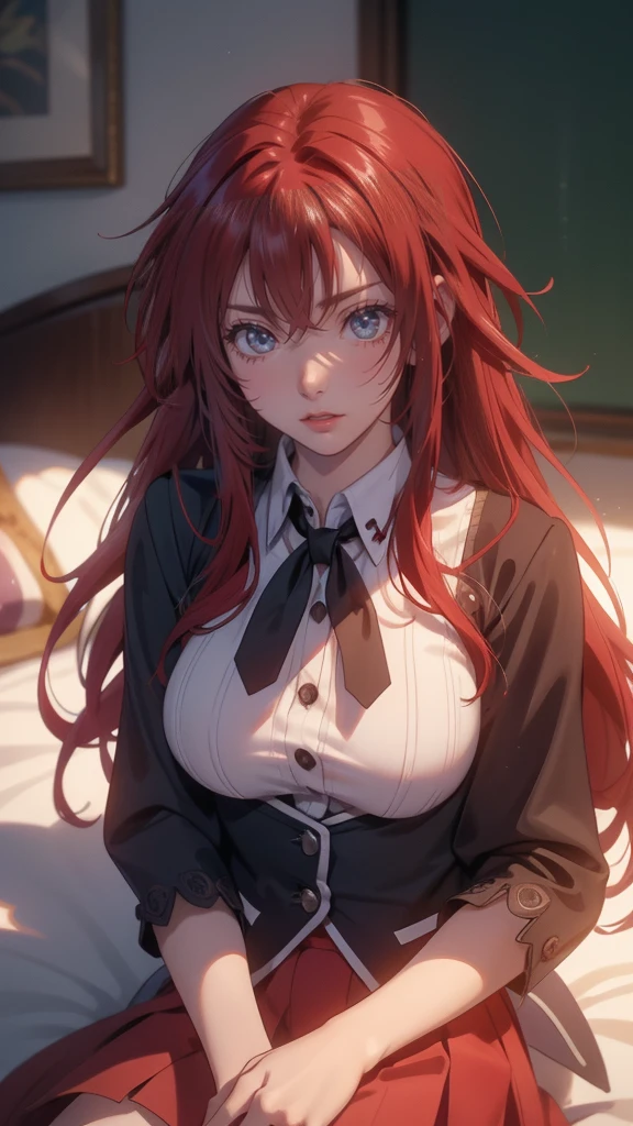 embarrassing, (random porn pose),(Highest image quality,(8k),ultra-realistic,best quality, high quality, red hair, long hair, high definition, Small breast, Embarassed Face, high quality texture,high detail,beautiful detailed,fine detailed,extremely detailed cg,detailed texture,(((Wearing Highscool DXD school uniform))), Looking at Viewers, Lay down and sleep on bed