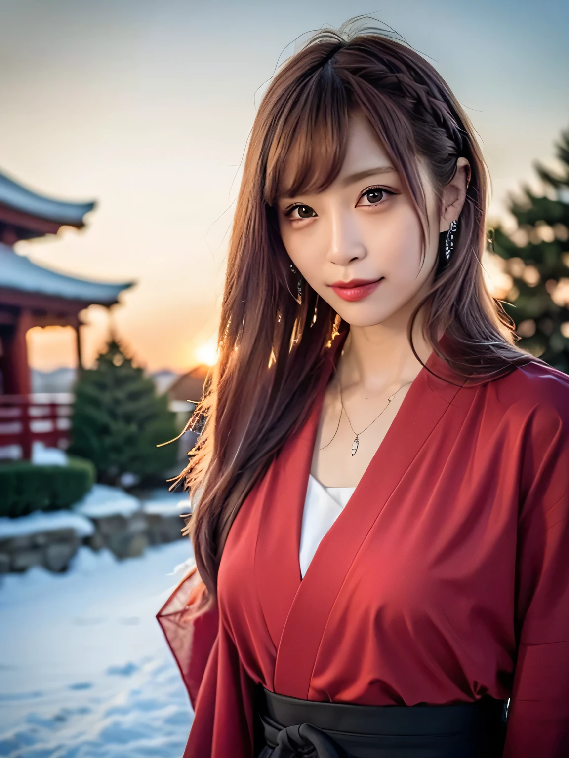 A breathtakingly beautiful 20-year-old woman with a slender physique, dressed in an elegant black and red kimono suitable for the Japanese New Year. She stands against the serene backdrop of a New Year's sunrise, featuring a traditional Japanese shrine, snow-covered grounds, and vibrant red camellias in bloom. Her gentle smile and friendly expression harmonize with the peaceful atmosphere of the snowy morning. (RAW photo, top quality, realistic, photo-realistic:1.4), (masterpiece, extremely detailed, 2k wallpaper), (Ultra Details, high res, soft light, cinematic lighting), (perfect anatomy, slender body), (extremely detailed eyes and face, beautiful nose, beautiful eyes).