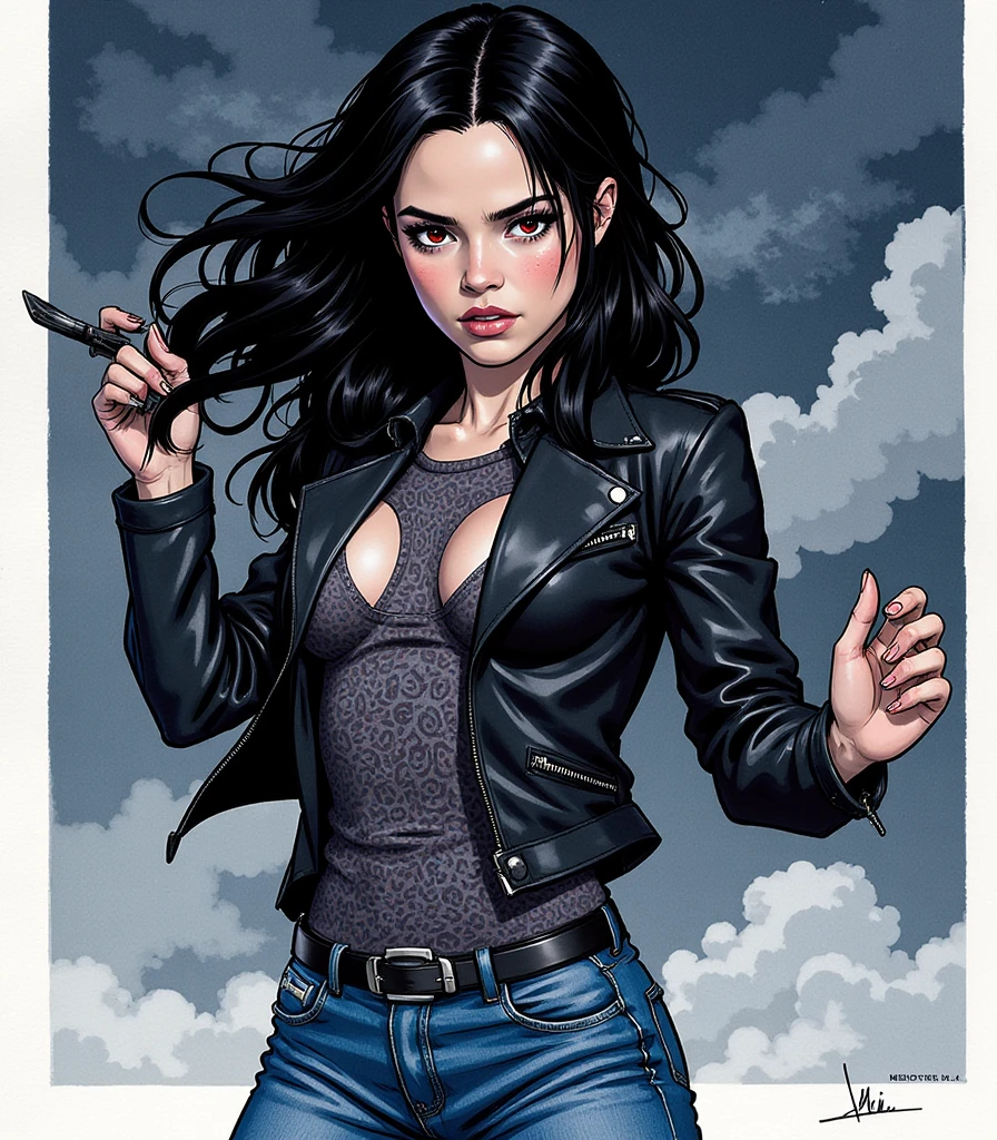 Illustration, masterpiece, portrait of Jenna Ortega as a vampire warrior goddess, thin and athletic, wearing a black leather jacket and a blue jeans, fighting pose, angry, ready for battle, cloudy night, very dark, long black hair, red eyes, worried, high resolution, high definition, comics drawing with ink and watercolor, on white paper, American comics, many details 