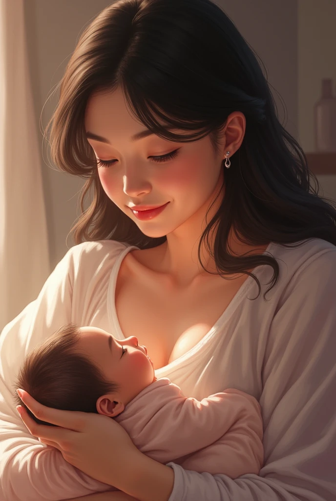 Showing a beautiful South Korean woman who is pregnant and breastfeeding her baby on a sofa.. (masterpiece),best quality, expressive eyes, perfect face,surreal hyperrealistic