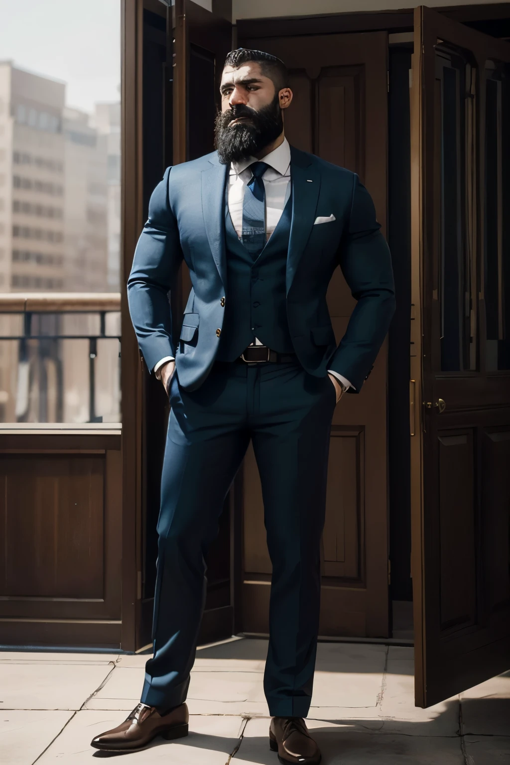 doumit ghanem,  solo,  looking at viewer, dominant, intimidating, short hair,  muscular frame,  beard, arrogant,  elegant clothes, suit, tie, daylight,  best quality, full body, photorealistic, 