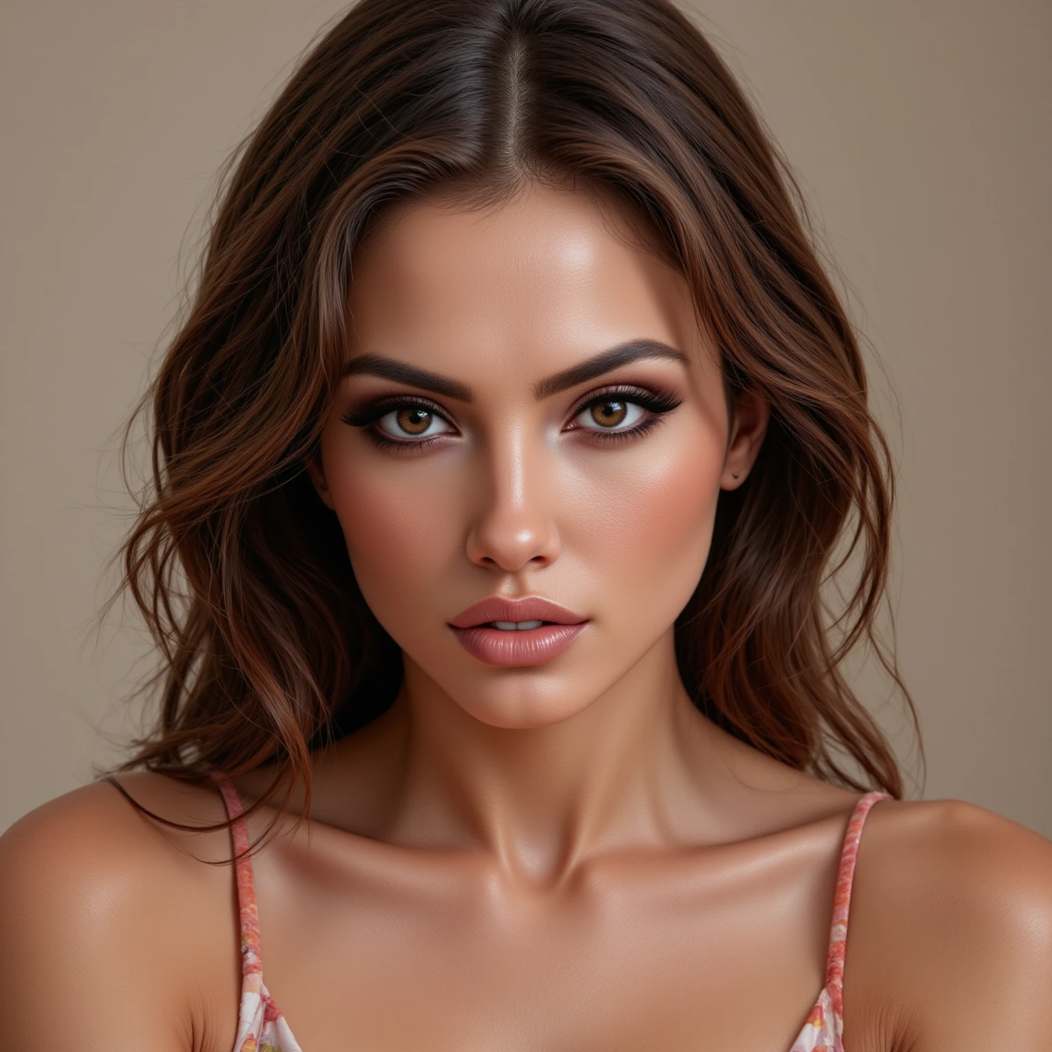 A close portrait of a woman, focusing on her eyes.  tanned, dark eyes, brown hair,, realistic, 4K, ultra detailed photography, sharp image,Full character. Silk dress with thin straps in beautiful pink. 