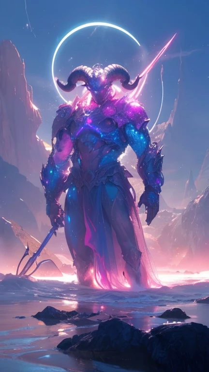 This image depicts a striking and fantastical creature in a dramatic, otherworldly landscape. The creature appears to be a powerful, armored figure with horns and a glowing, ethereal presence. It is surrounded by a luminous, circular halo or portal, which adds to the sense of mysticism and grandeur.

The creature's body is rendered in vibrant, iridescent colors - a blend of blues, pinks, and purples that give it a captivating, almost alien-like quality. The figure is standing amidst a surreal, reflective landscape, with mountains and bodies of water in the background.

The overall composition and style of the image suggest it is a work of digital art or fantasy illustration, capturing the imagination and inviting the viewer to ponder the nature and origins of this enigmatic, larger-than-life entity. The image has a cinematic, dramatic quality, evoking a sense of power, wonder, and the sublime.