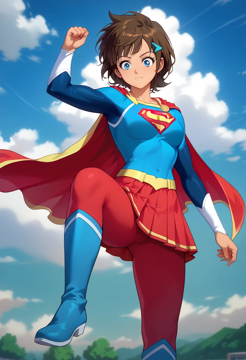 Ren Kazamatsuri, known for his quiet intensity and determination, takes on a bold new look in the classic Supergirl costume. The vibrant blue top, emblazoned with the iconic red and yellow 'S' emblem, contrasts sharply with his composed and reserved demeanor. A flowing red cape billows behind him, adding a sense of movement and heroism to his usually calm presence. The red skirt is replaced with sleek red pants to suit his style, and matching knee-high boots complete the look, enhancing his tall and athletic figure. Ren’s expression, usually one of focus and quiet strength, now carries the weight of responsibility that comes with the Supergirl persona. His transformation highlights his inner courage and readiness to protect others, blending his strategic mind with the empowering qualities of a superhero. In this new role, Ren becomes a symbol of quiet resilience, balancing his intellect and strength as he embraces the heroic mantle of Supergirl. short hair, blue eyes, brown hair, hair ornament, dark skinned, hairclip, 1girl