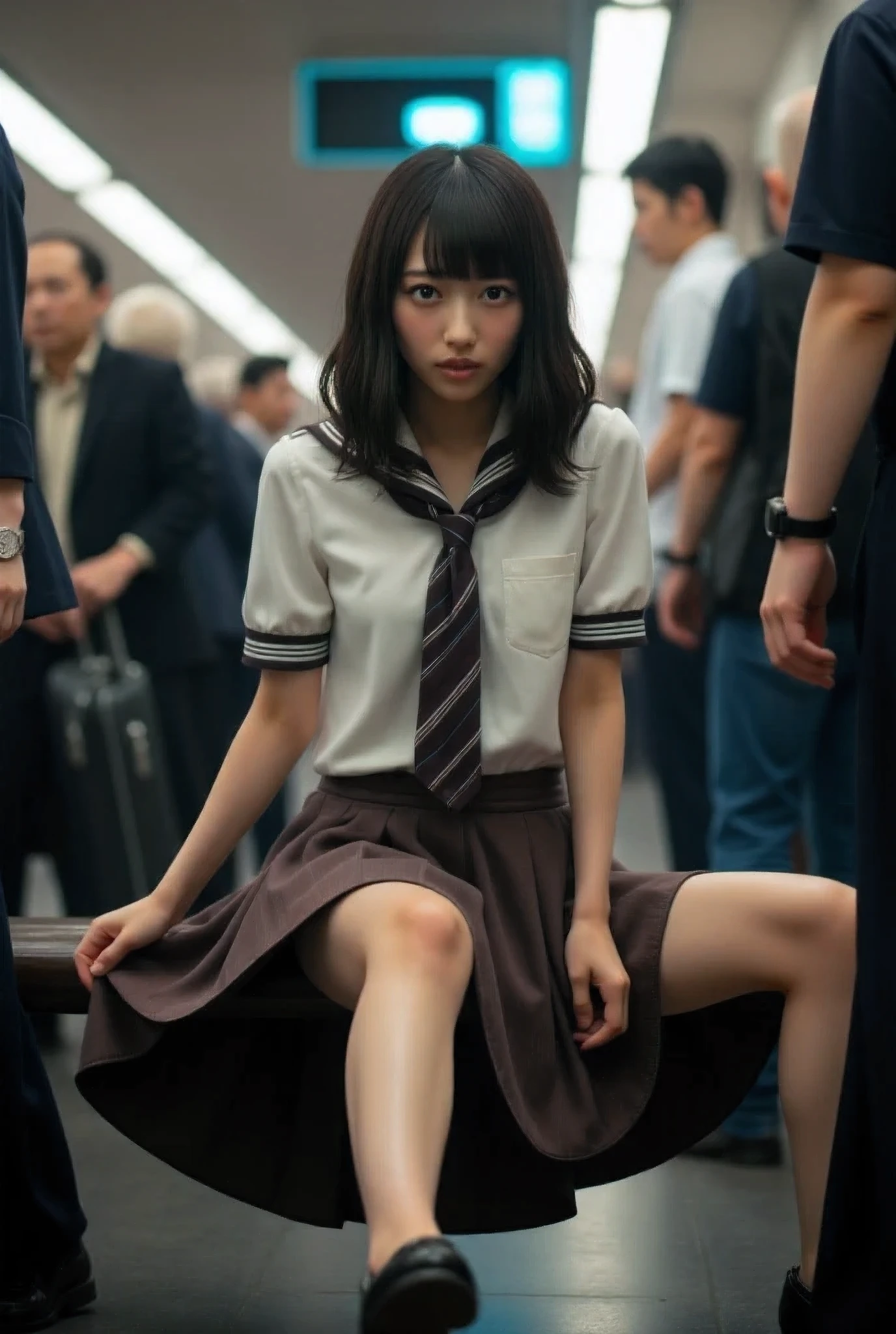 A woman in a high school uniform sits with her legs spread and lifts her skirt , wearing Pantyhose and Lofer, It's live-action, in train station,