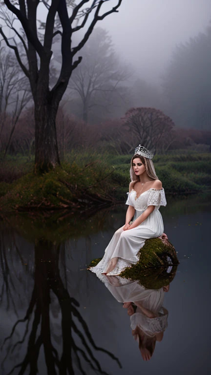 Create image of a surreal, ethereal scene featuring a pale woman with long, flowing white hair sitting on a gnarled, dark tree branch that extends diagonally across the frame. Her dress, almost blending with her hair, drapes gracefully over the branch. The fabric texture resembles delicate lace with intricate patterns, enhancing her ghostly, delicate appearance. Her skin is an alabaster tone, and she has a crown-like accessory that appears woven into her hair, adding to her otherworldly aura. The background is a misty, undefined landscape with soft blue and gray hues, suggesting a foggy, dream-like setting.