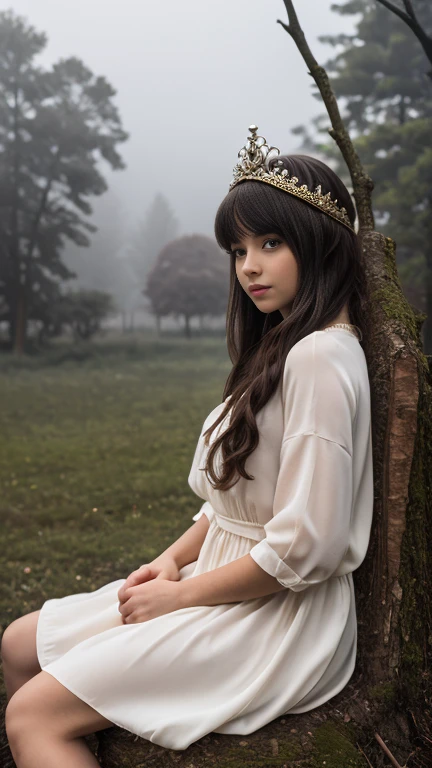 Create image of a surreal, ethereal scene featuring a pale woman with long, flowing white hair sitting on a gnarled, dark tree branch that extends diagonally across the frame. Her dress, almost blending with her hair, drapes gracefully over the branch. The fabric texture resembles delicate lace with intricate patterns, enhancing her ghostly, delicate appearance. Her skin is an alabaster tone, and she has a crown-like accessory that appears woven into her hair, adding to her otherworldly aura. The background is a misty, undefined landscape with soft blue and gray hues, suggesting a foggy, dream-like setting.