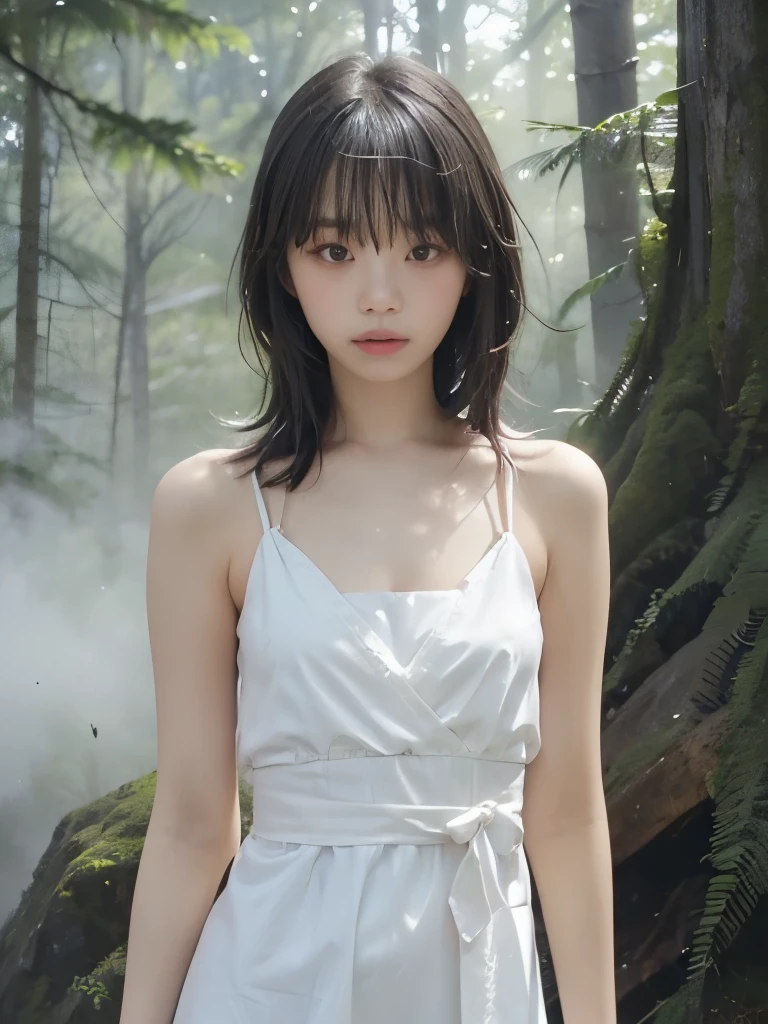 (Best Quality, 16k, Realistic:1.2), Japanese teenage girl in a misty forest at night , (Detailed skin, Sweet Dress), (Long Hair:1.3, Short bangs), (Mysterious lighting , Thick Fog:1.4), 16K film-like , captures the essence of a Japanese teenage girl in the fog of the forest at night, adorned in a delicate Sweet Dress, with long flowing hair and Short bangs. The Detailed skin is meticulously depicted in high resolution, exuding a Realistic quality. The scene is wrapped in a mysterious atmosphere , with Thick Fog enveloping the surroundings, creates a mystical atmosphere under enchanting lighting , flat chest,Thin legs,Slim body,Small waist,Small waist,