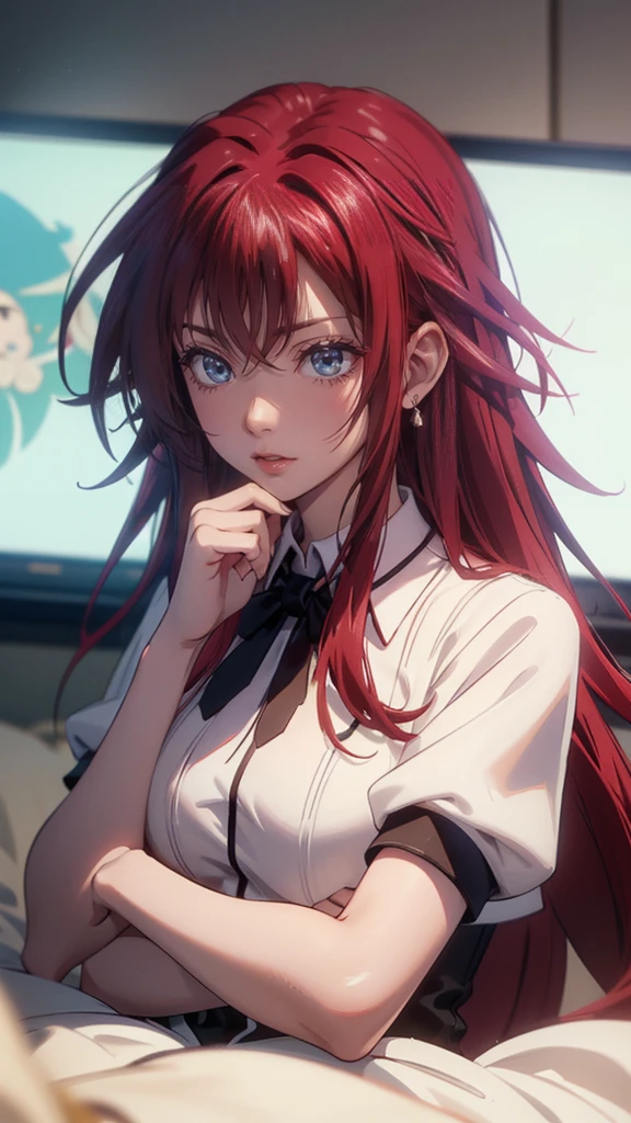 embarrassing, (random porn pose),(Highest image quality,(8k),ultra-realistic,best quality, high quality, Red hair, long hair, high definition, Small breast, Embarassed Face, high quality texture,high detail,beautiful detailed,fine detailed,extremely detailed cg,detailed texture,(((Wearing Highscool DXD school uniform))), Looking at Viewers, Lay down and sleep on bed