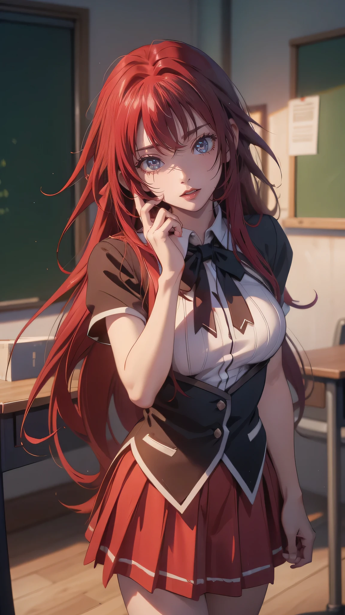 Upper body, embarrassing, (random porn pose),(Highest image quality,(8k),ultra-realistic,best quality, high quality, red hair, long hair, high definition, Small breast, Embarassed Face, high quality texture,high detail,beautiful detailed,fine detailed,extremely detailed cg,detailed texture,(((Wearing Highscool DXD school uniform))), Looking at Viewers, Classroom