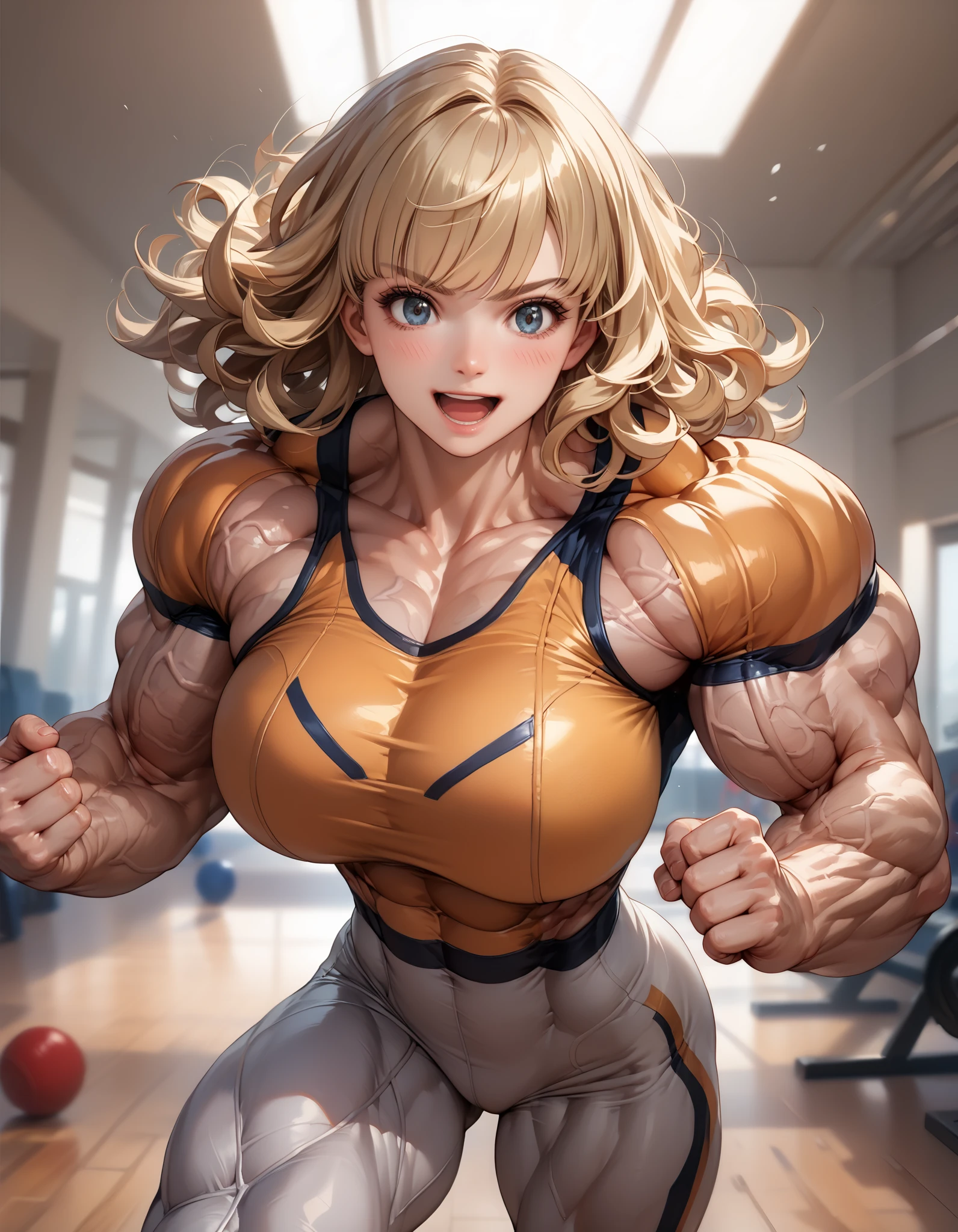 (masterpiece), (best quality) (Muscular:1.5), (skinny:1.3) , (veiny body:1.1), (big breast:1.2), (gigantic muscular shoulders:1.1),  , vascular body,  (full body, (1 beautiful girl, solo), (tall height), (tight leggings pants), Blonde hair, medium Hair, wavy Hair, asymmetry bangs, swept bangs, airy hair, smile:1.3, blush, beautiful scene of living room, magnificent panorama view, blurry background, open mouth, dynamic pose, dynamic angle),  (HyperMuscle:1.7), (fight for the viewer:1.3)