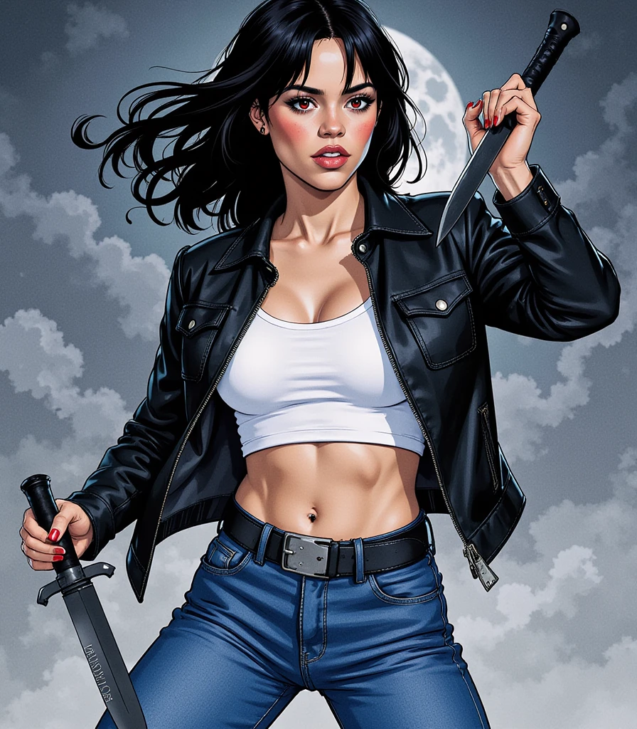 Illustration, masterpiece, portrait of Jenna Ortega as a vampire warrior goddess, thin and athletic, wearing a black leather jacket, a white crop top and a blue jeans, tacking a black knife, fighting pose, angry, ready for battle, cloudy night, very dark, long black hair, red eyes, high resolution, high definition, comics drawing with ink and watercolor, on white paper, American comics, many details 