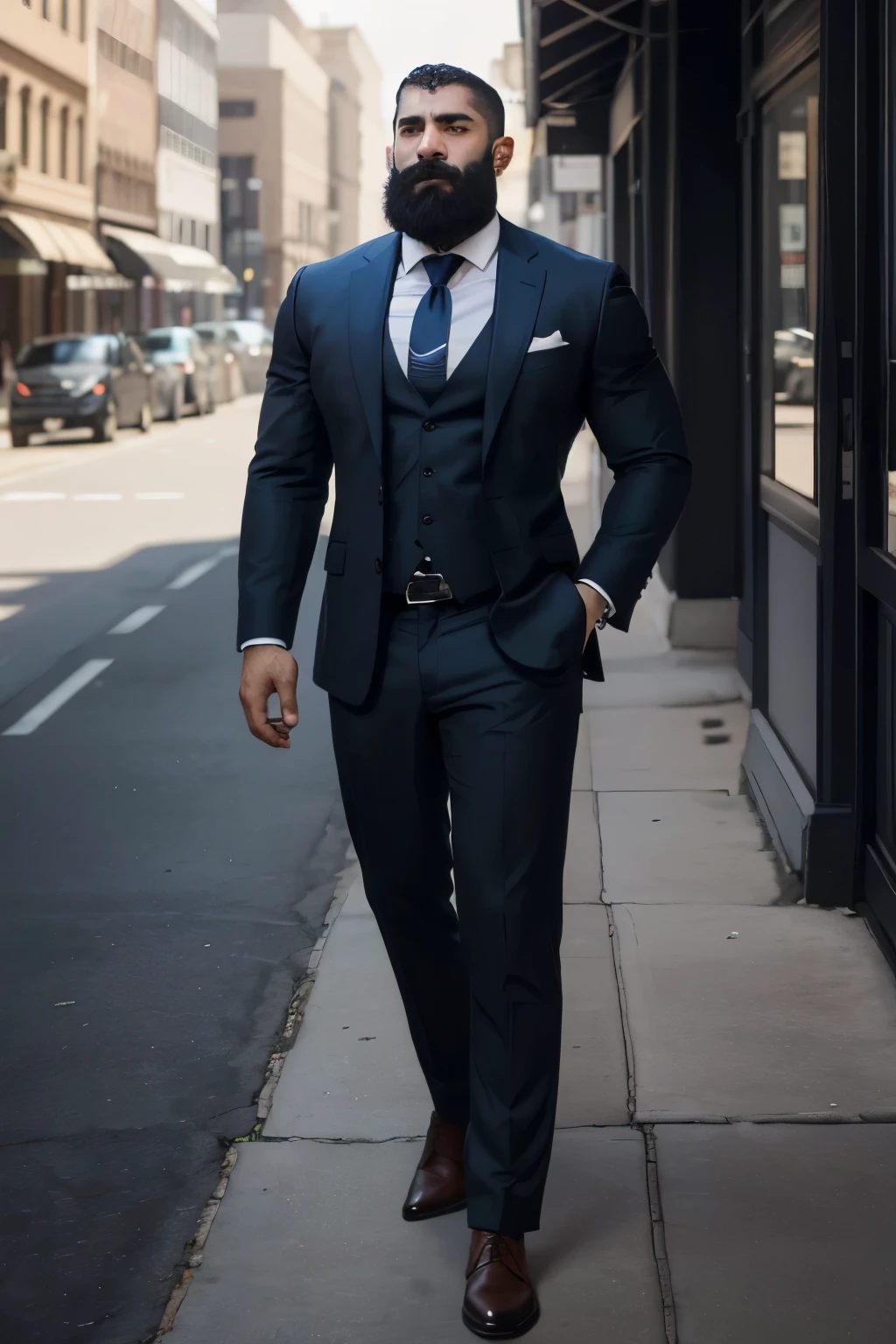 doumit ghanem,  solo,  looking at viewer, dominant, intimidating, short hair,  muscular frame,  beard, arrogant,  elegant clothes, suit, tie, daylight,  best quality, full body, photorealistic, 