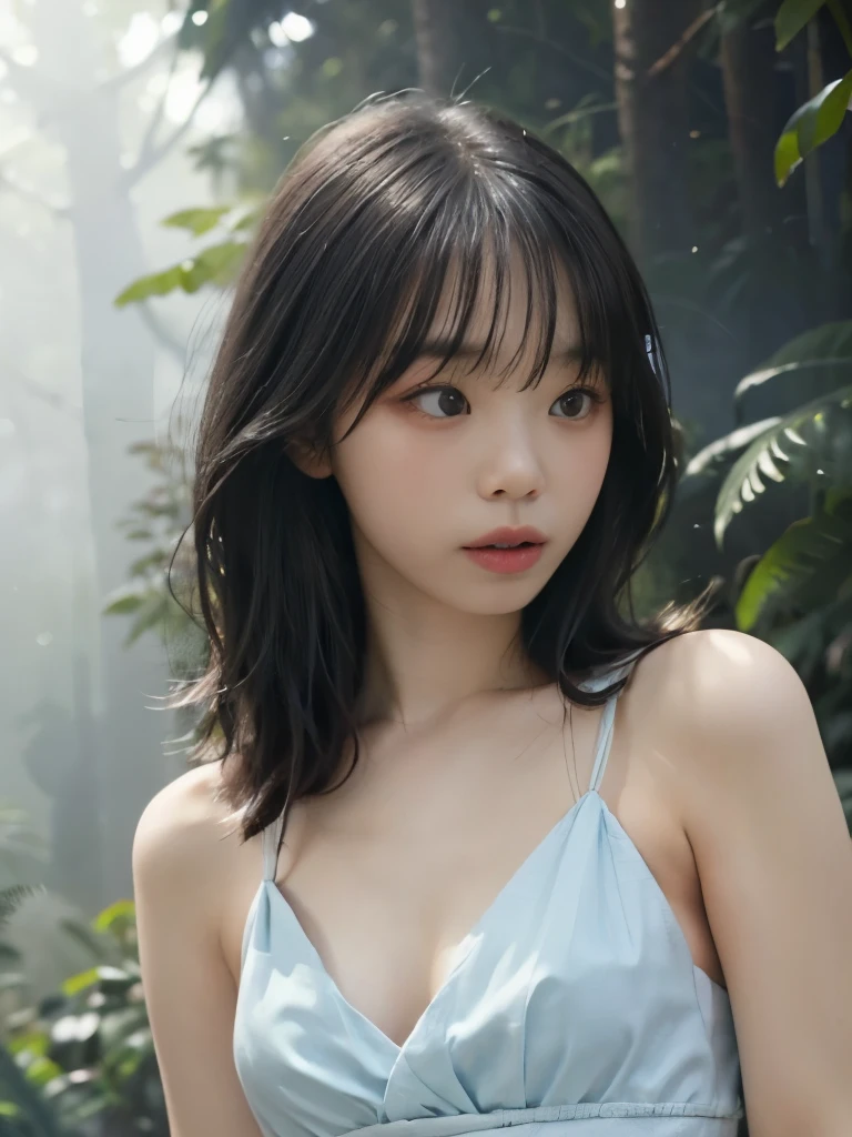 (Best Quality, 16k, Realistic:1.2), Japanese girl in a misty forest at night , (Detailed skin, Sweet Dress), (Long Hair:1.3, Short bangs), (Mysterious lighting , Thick Fog:1.4), 16K film-like , captures the essence of a Japanese teenagen the fog of the forest at night, adorned in a delicate Sweet Dress, with long flowing hair and Short bangs. The Detailed skin is meticulously depicted in high resolution, exuding a Realistic quality. The scene is wrapped in a mysterious atmosphere , with Thick Fog enveloping the surroundings, creates a mystical atmosphere under enchanting lighting , flat chest,Thin legs,Slim body,Small waist,Small waist,