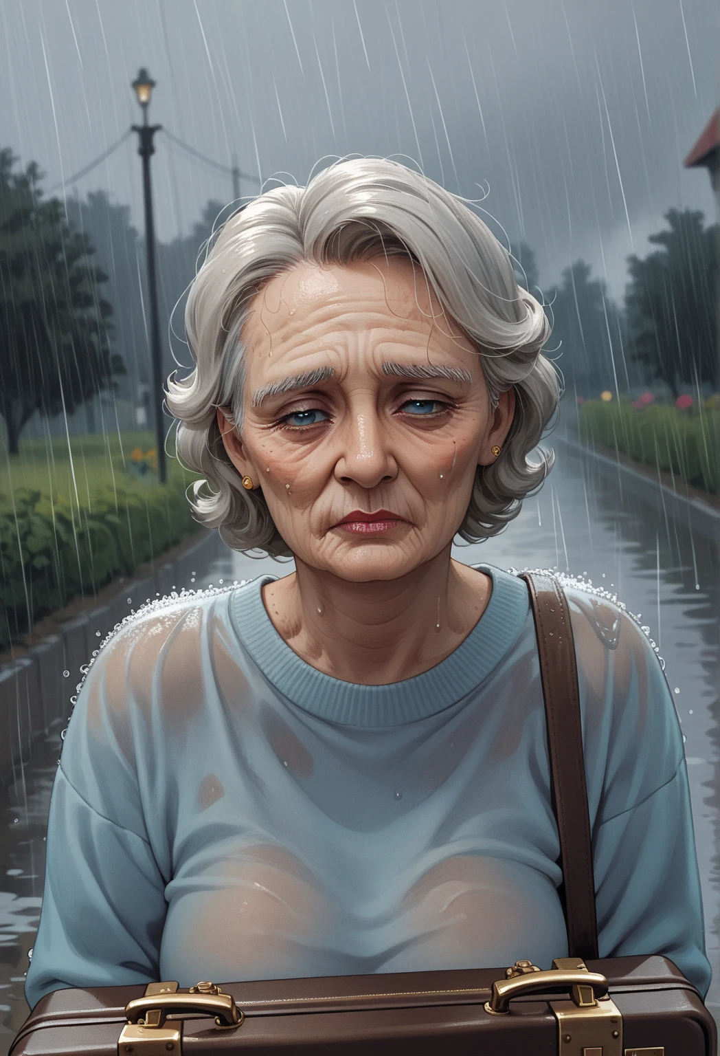 score_9, score_8_up, score_7_up,, elderly woman in the rain, sad, briefcase