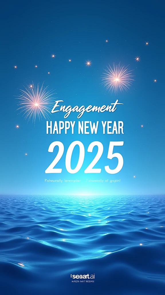 A visually captivating New Year 2025 celebration image with a blue and sky blue color theme. The background features a serene, slightly glowing sky merging into waves of oceanic blues, symbolizing hope and unity. Elegant white text reading 'Engagement Happy New Year 2025' is prominently displayed, complemented by festive elements like fireworks in soft blue tones and subtle shimmering stars. The SeaArt.ai logo is integrated seamlessly, placed at the bottom center of the image. Overall, the design exudes a sense of celebration, freshness, and togetherness, embodying the joy of the New Year.