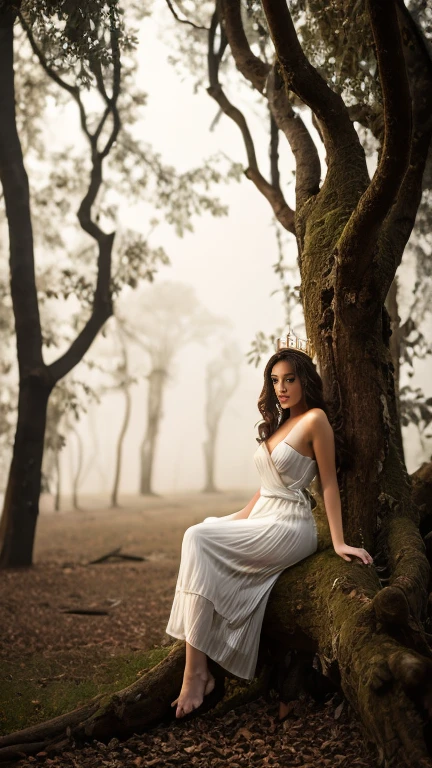 Create image of a surreal, ethereal scene featuring a pale woman with long, flowing white hair sitting on a gnarled, dark tree branch that extends diagonally across the frame. Her dress, almost blending with her hair, drapes gracefully over the branch. The fabric texture resembles delicate lace with intricate patterns, enhancing her ghostly, delicate appearance. Her skin is an alabaster tone, and she has a crown-like accessory that appears woven into her hair, adding to her otherworldly aura. The background is a misty, undefined landscape with soft blue and gray hues, suggesting a foggy, dream-like setting.