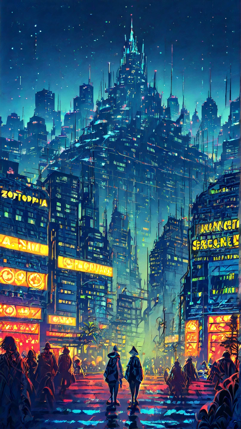 Anime style city scene with a man walking down the street, City Concept Art, Fantasy sci-fi city,  Futuristic Diesel Punk Street, Pictorial Concept Art ,  a tropical dystopian city ,  Zootopia concept art , A bustling cyberpunk metropolis, Dystopian digital concept art,   SF Cyberpunk City Street  , 