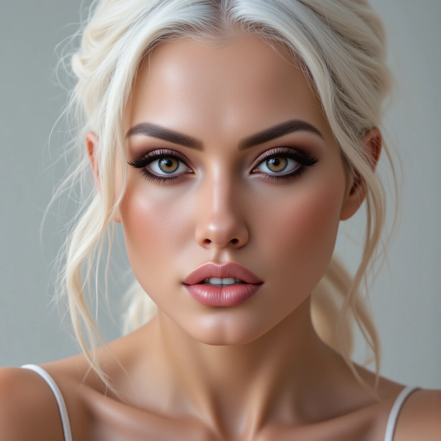 A close portrait of a woman, focusing on her eyes.  tanned, dark eyes,white hair,, realistic, 4K, ultra detailed photography, sharp image,Full character. Silk dress with thin straps in beautiful pink. 