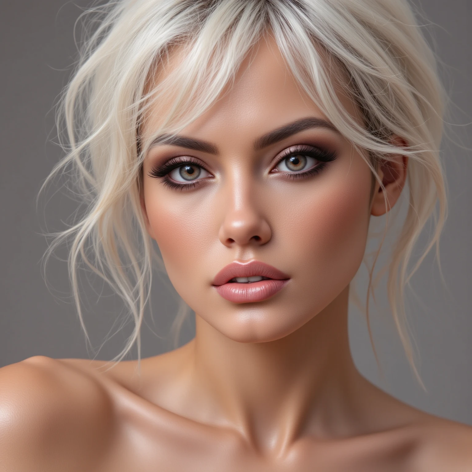 A close portrait of a woman, focusing on her eyes.  tanned, dark eyes,white hair,, realistic, 4K, ultra detailed photography, sharp image,Full character. Silk dress with thin straps in beautiful pink. 