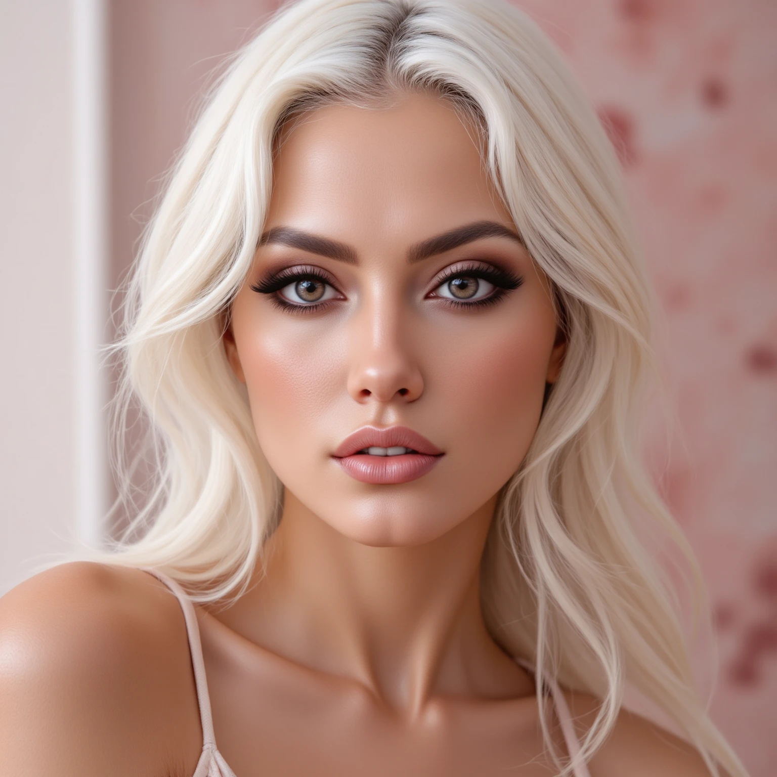 A close portrait of a woman, focusing on her eyes.  tanned, dark eyes,white hair,, realistic, 4K, ultra detailed photography, sharp image,Full character. Silk dress with thin straps in beautiful pink. 