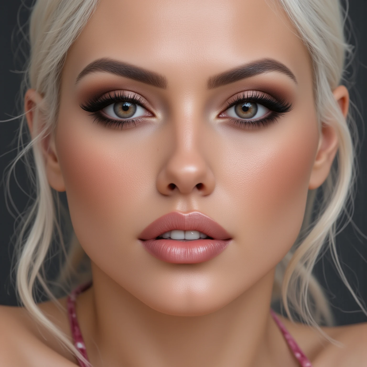 A close portrait of a woman, focusing on her eyes.  tanned, dark eyes,white hair,, realistic, 4K, ultra detailed photography, sharp image,Full character. Silk dress with thin straps in beautiful pink. 