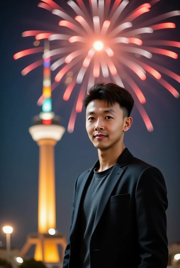 Fireworks happy new year 2025 night sky, realistic, perfect face, Lasisan, a man with black suit, Tram Huong tower, Nha Trang City square, background words "BEP4.0 HAPPY NEW YEAR 2025"