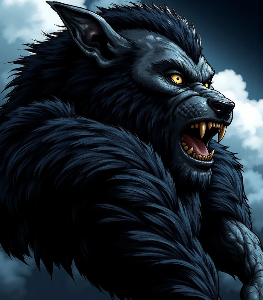 Illustration, masterpiece, portrait of a werewolf, huge, dangerous, black fur, cloudy night, very dark, long muzzle, yellow eyes, high resolution, high definition, comics drawing with ink and watercolor, on black paper, American comics, many details 