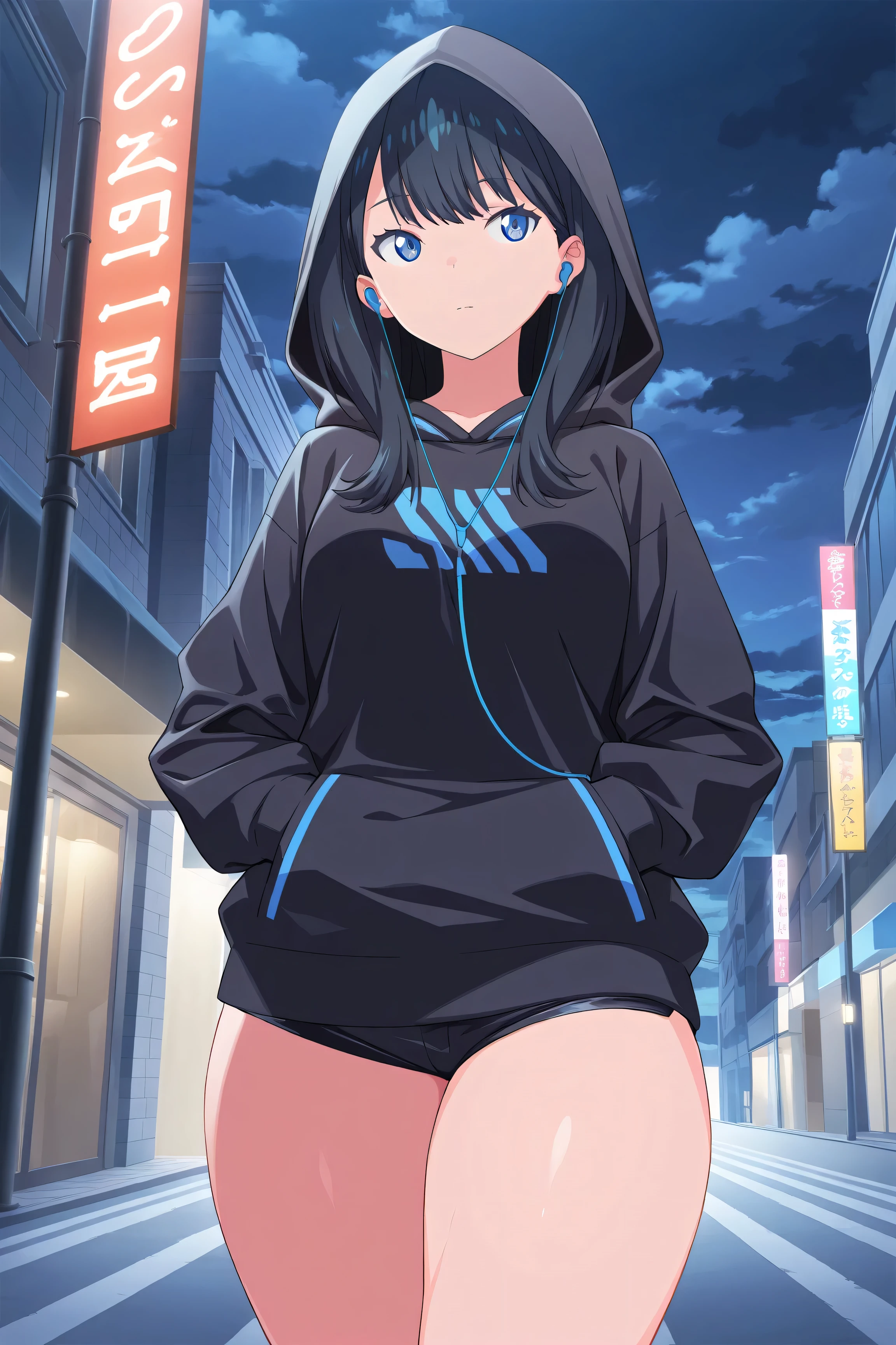 masterpiece,best quality,game cg,1girl,takarada_rikka,gridman_universe,ssss.gridman,solo,black_hair,blue_eyes,straight_hair,hair_between_eyes,long_hair,(thick thighs:1.1), medium breasts, closed eyes, black hoodie, micro shorts, hands_in_pockets, cloud, cloudy_sky, sky, night, street, put on earphones, blue earphones, ((put on a hood)), walking,