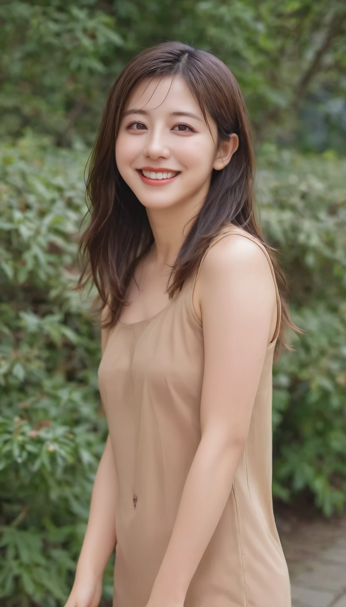 (nsfw, uncensored), (Photorealistic, realistic:1.2), (Masterpiece, Best quality), 8K, RAW photo, Soft light, Professional lighting, , a 27 years old woman, full-naked, neat and beautiful, smile, medium brown hair, outdoors,