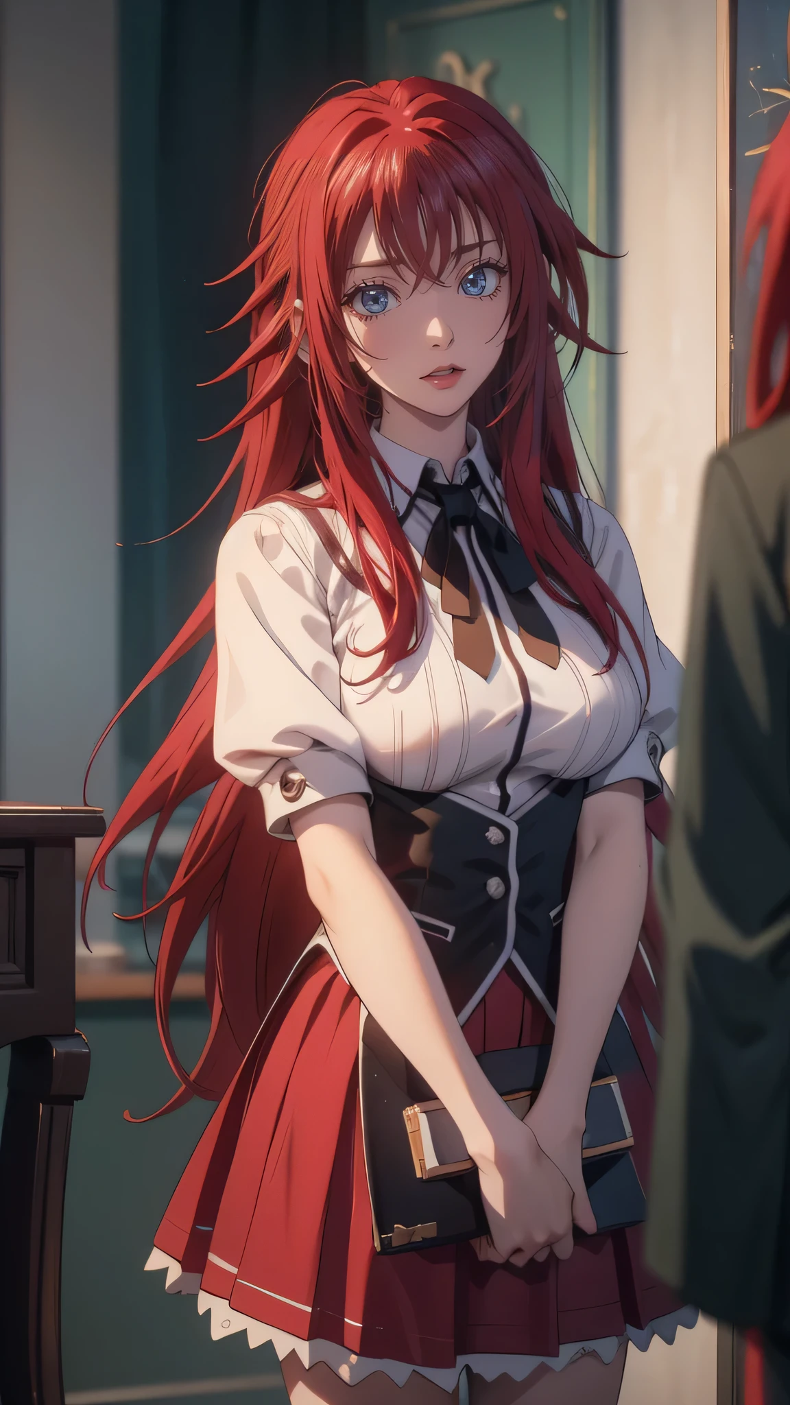 Upper body, embarrassing, (random porn pose),(Highest image quality,(8k),ultra-realistic,best quality, high quality, red hair, long hair, high definition, Small breast, Embarassed Face, high quality texture,high detail,beautiful detailed,fine detailed,extremely detailed cg,detailed texture,(((Wearing Highscool DXD school uniform))), Looking at Viewers, Classroom