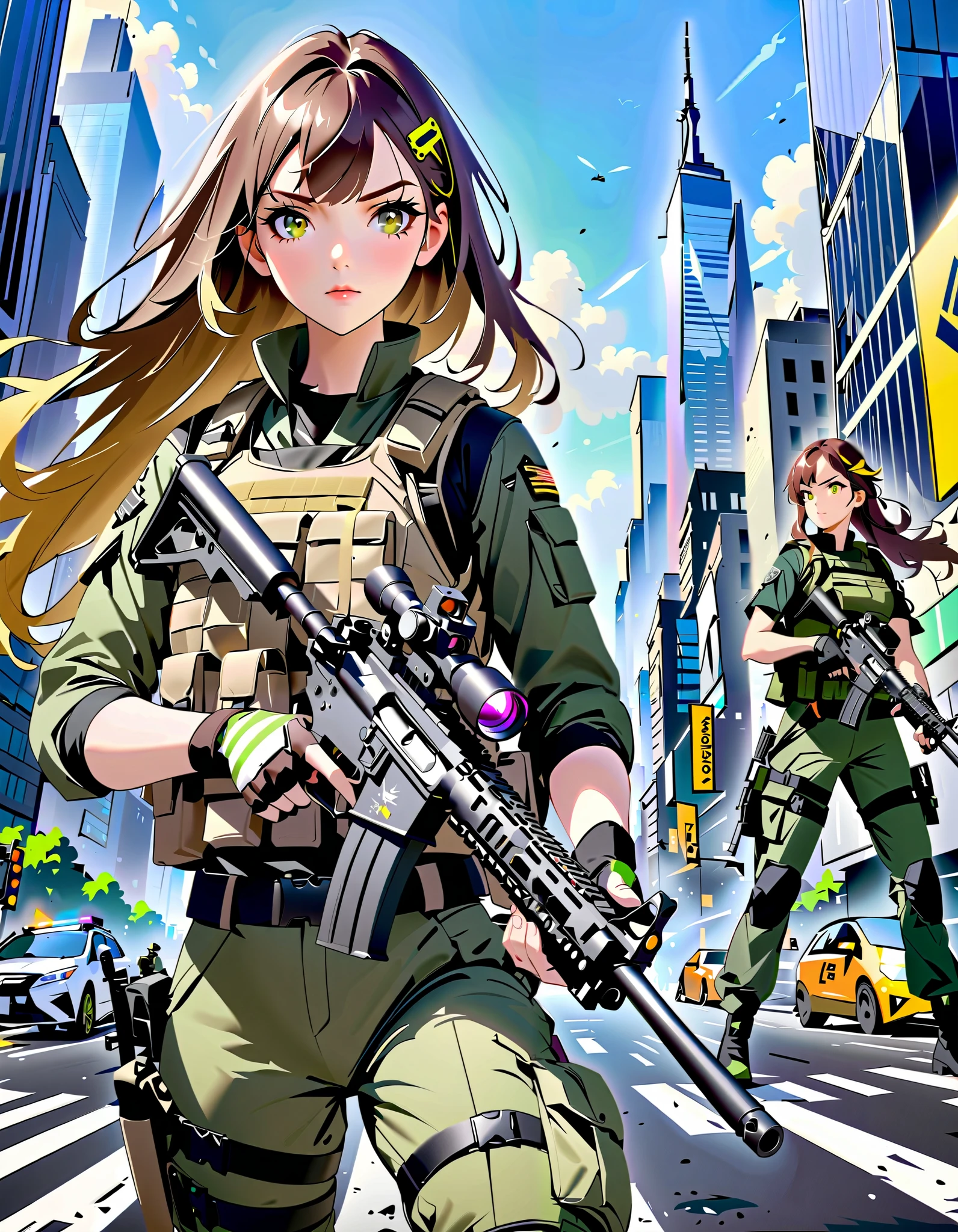 Masterpiece, anime girl with gun in hand and city in background, brown hair, meium hair, long hair, (green and yellow striped dot-shaped hair clip), hazel eyes, New York, with AR-15 rifle, (tactical fingerless gloves:1.2), assault vest, (green uniform pants;1.1), solo, solo focus, daytime, badass anime 8 k, heavily armed, (holding a rifle:1.2, finger on trigger:1.2), girls frontline style, fine details. girls frontline, 4 k manga wallpaper